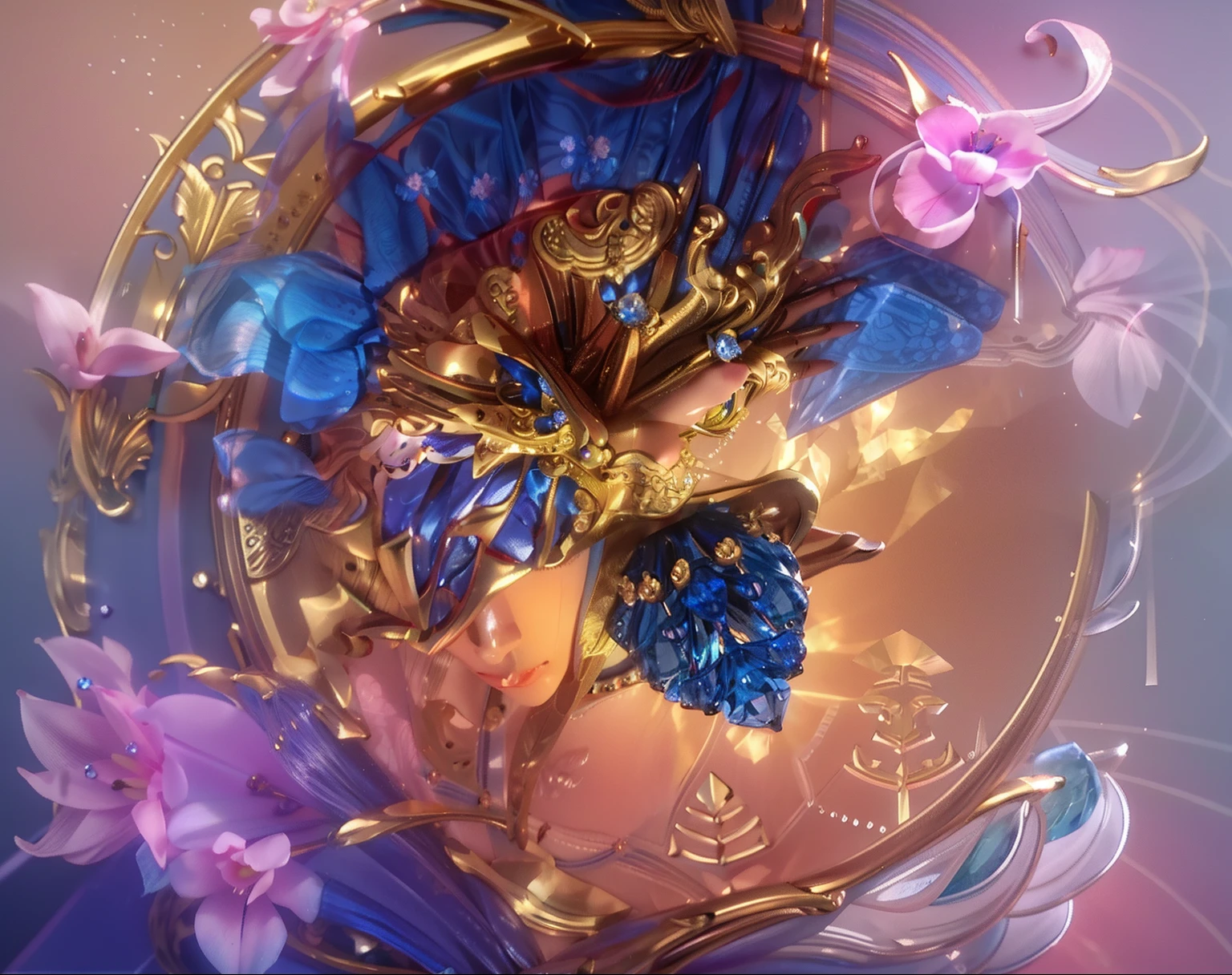 There is a blue flower on the gold ring, carved from sapphire stone, ring, blue jewellery, amazing craftsmanship, high detal), elegant. Highly detailed, hyper realisitc, gold and blue, ultra detailed 16k, very beautiful and elegant, Very realistic, beautiful craftsmanship, Middle metaverse, detailed jewellery, Ultra photo realsisim