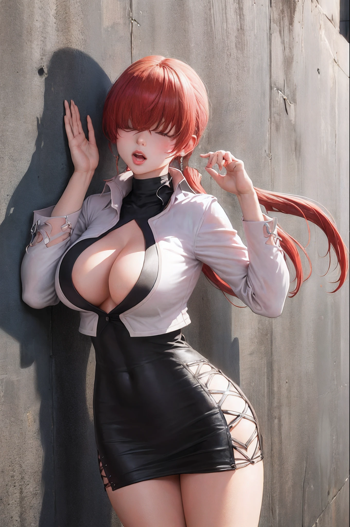 masterpiece, best quality, highres, she1, (hair over eyes:1.1), split ponytail, clothing cutout, earrings, jewelry, miniskirt, white skirt, black dress, earrings, jewelry, pink jacket, cowboy shot, wide hips, big breasts, (lipstick:0.8), lips,thicc thighs, realistic art, from side, open mouth, one leg up, against wall, leaning on wall