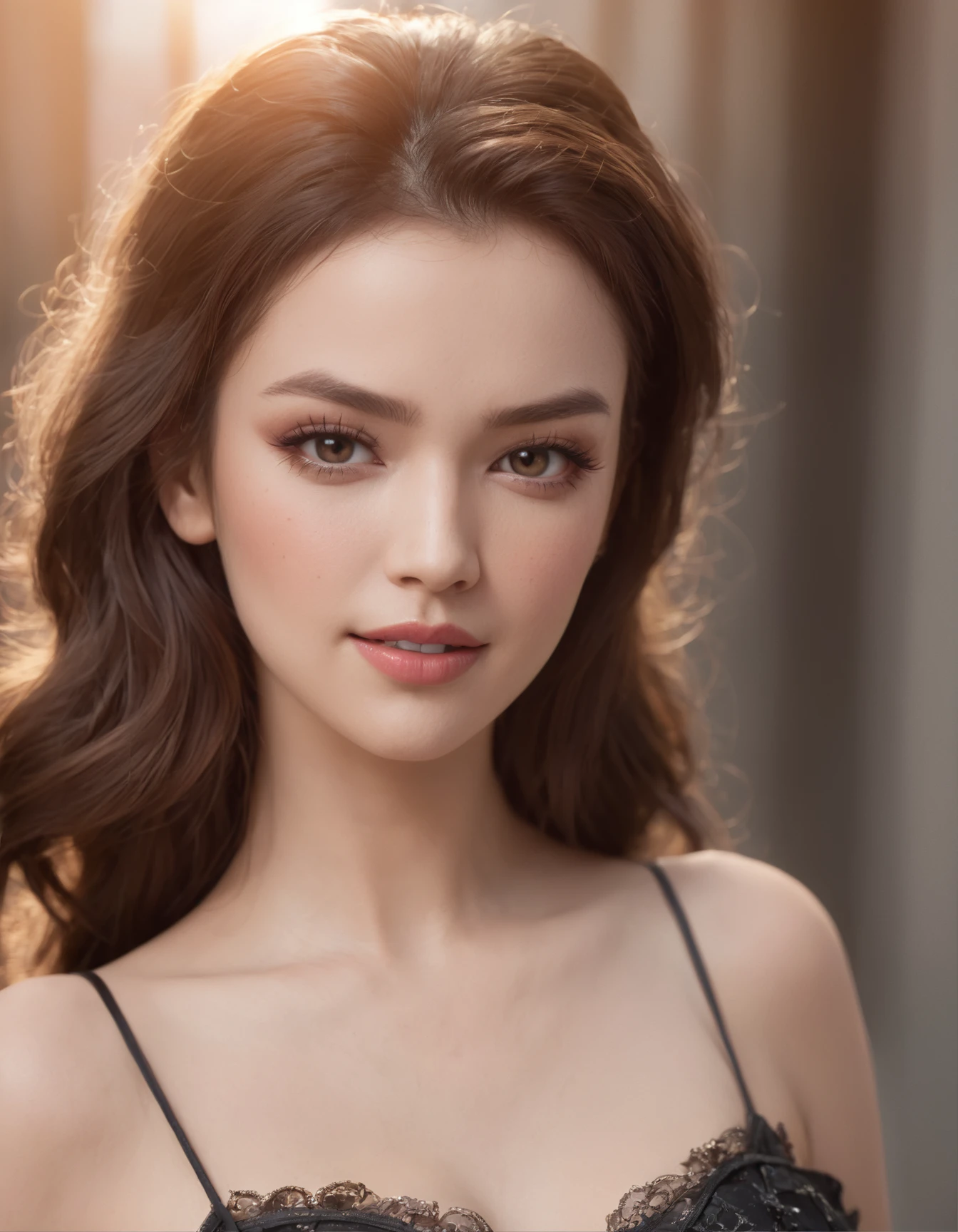 Bust shot, strapless purple bra, cleavage visible, soft large breasts, smile, European Beautiful model, 1 girl with a beautiful face, Upper Body Professional Photo, (Photo 4K:1.1) , (Sharp Focus:1.3), High Detail, Instagram Pattern Pose, confident, slim girl, big tits:1.3, perfect anatomy, perfect symmetry:1.3, Realistic, realistic face:1.2, perfect face, content, confident, very detailed, and dramatic, Lighting scene, bright lighting, short hair