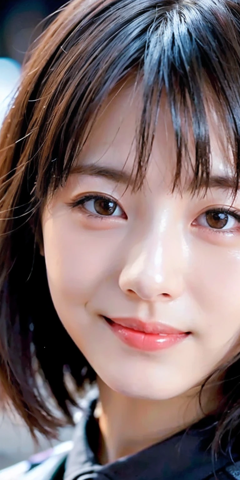 (8k), (highest quality: 1.2), (Realistic), (Realistic: 1.37), Ultra-high resolution, 1 girl, Head to knee photo、cute, smile, Mouth closed, Beautiful details, Beautiful Nose, whole body, Wet Hair,Wet body、  Large Breasts、Saggy breasts、Soft Breasts、Voluptuous thighs、Odd Eye、Heterochromia iridis