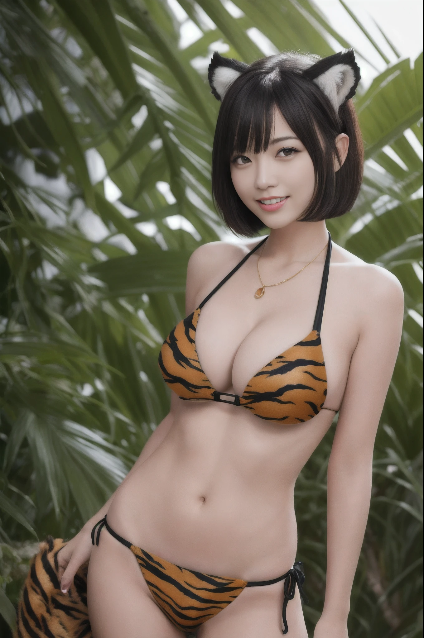 raw ((Portrait)), (Best Quality), (Realistic, Photorealsitic:1.3), Best Quality ,masutepiece, extremely delicate and beautiful, Extremely detailed ,nffsw ,Unity , 2k wallpaper, amazing, finely detail, masutepiece, Best Quality, Highly detailed ticker Unity 8k wallpaper, huge filesize , Ultra-detailed, hight resolution, Extremely detailed, Sunlight,jungles,
1girl in, Japanese, 年轻, 26 year old, A smile, Big Tits, (((Tiger print bikini))), Bangs, ear, Dynamic Pose, bob cuts, hair blowing in wind, dynamic ungle, (((Tiger ears))), Above the waist, Bare shoulders, (((Tiger tail))), a necklace, ear环, ear, huge tit