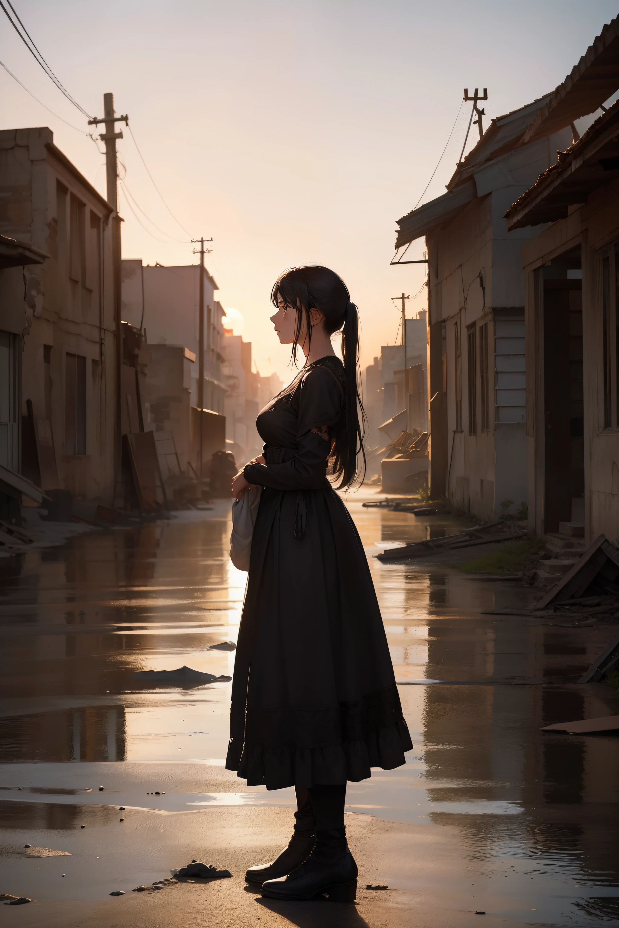 A hauntingly beautiful painting that tells the story of resilience and survival, featuring a full-body depiction of a woman standing in the midst of a post-apocalyptic town. The town's buildings lie in ruins, their crumbling facades a testament to the passage of time and the challenges faced by its inhabitants. The woman, dressed in tattered yet elegant attire, gazes out with a mixture of determination and sorrow. The scene is bathed in the soft, warm light of sunset, casting long shadows that seem to echo the struggles of the past. The juxtaposition of the woman's poise and the desolation around her creates a poignant narrative of hope amidst adversity