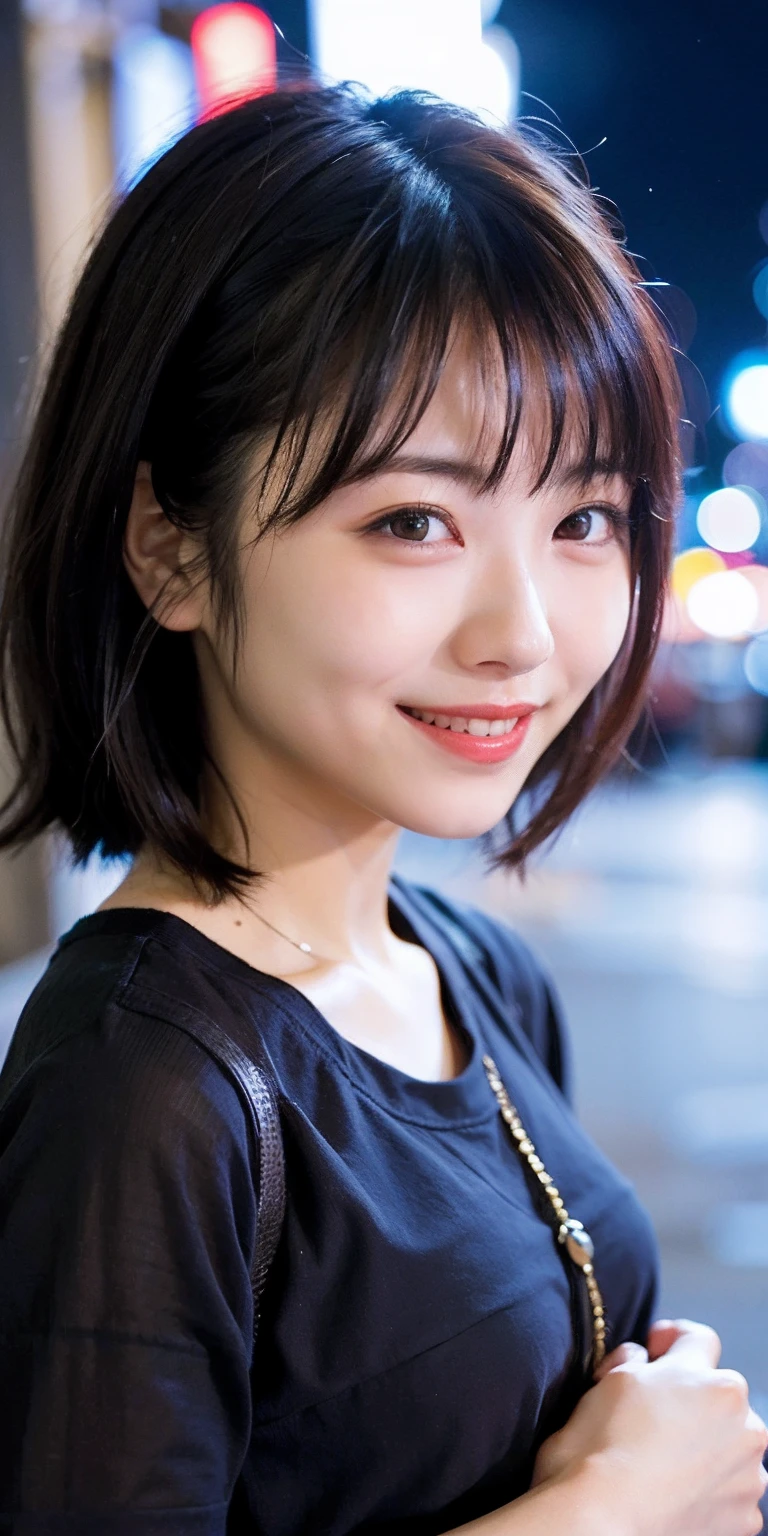 1girl, Tokyo street,night, cityscape,city lights,upper body,close-up,smile,, (8k, RAW photo, best quality, masterpiece:1.2),(realistic, photo-realistic:1.37),