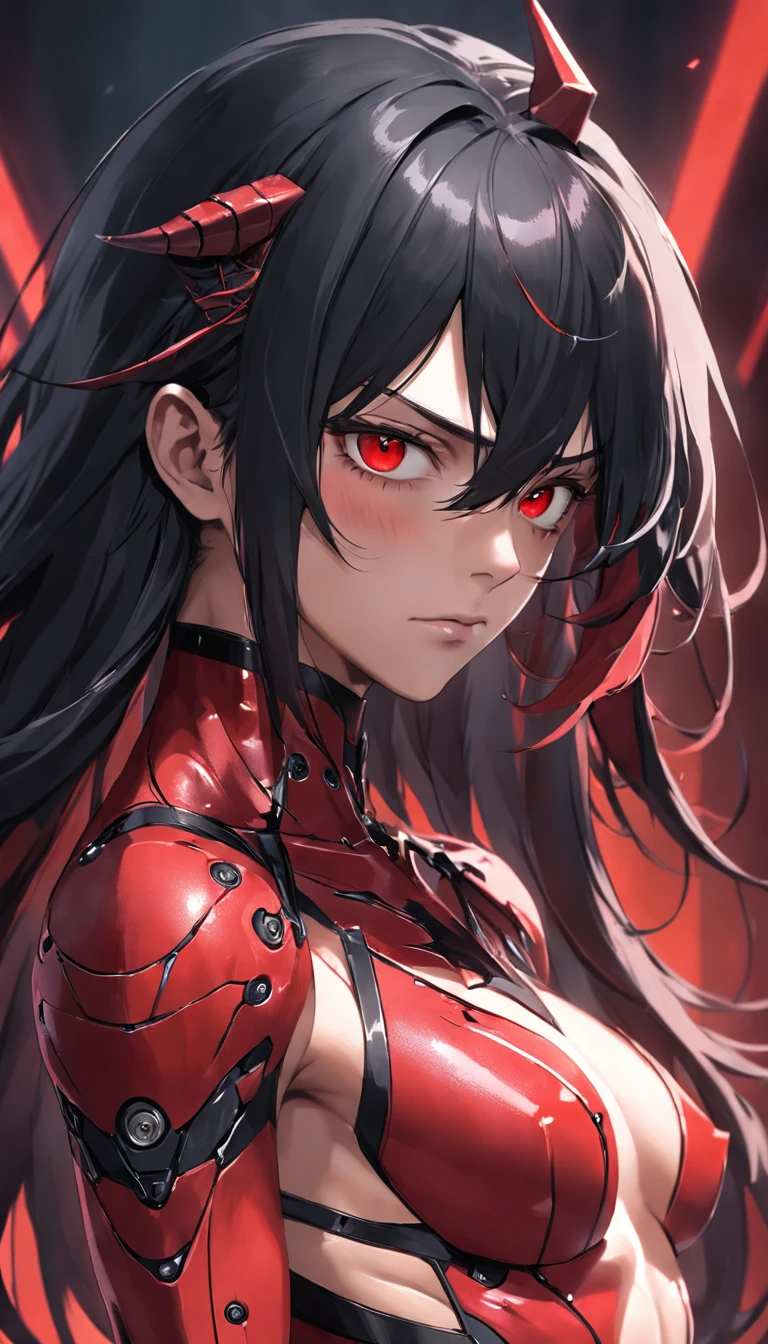 A man with long black hair in a red darkwave-style suit with silver details and a devil mask,Estilo Darkwave,retrato de medio cuerpo,centrado,HDR,8k,hiperrealista,hermoso estudio de luz suave,detalles vibrantes,Anatomical,elegante,foco nítido,Foto de estudio,tendencias en Artstation,hiper detallado,filtro polarizador