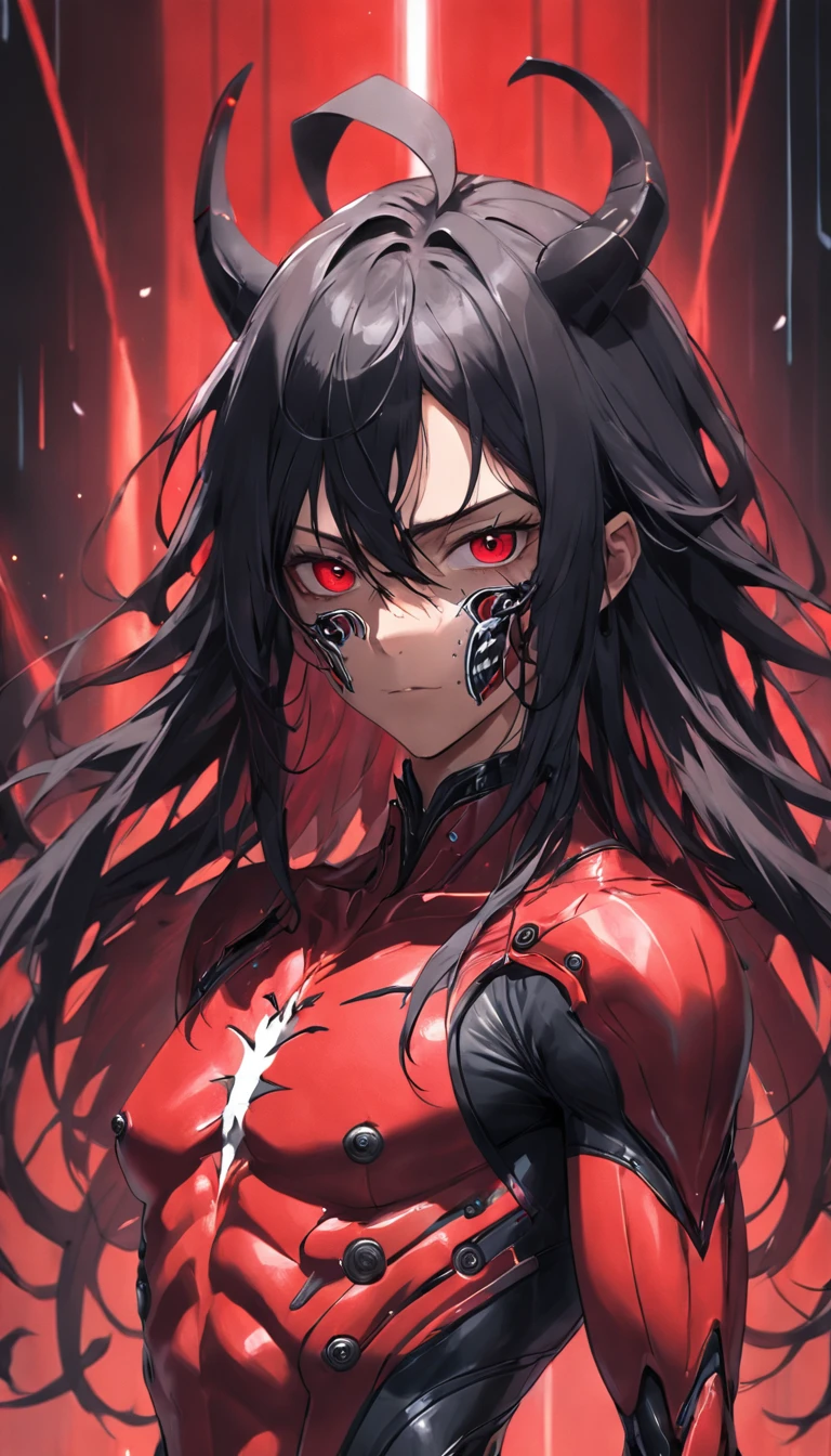 A man with long black hair in a red darkwave-style suit with silver details and a devil mask,Estilo Darkwave,retrato de medio cuerpo,centrado,HDR,8k,hiperrealista,hermoso estudio de luz suave,detalles vibrantes,Anatomical,elegante,foco nítido,Foto de estudio,tendencias en Artstation,hiper detallado,filtro polarizador