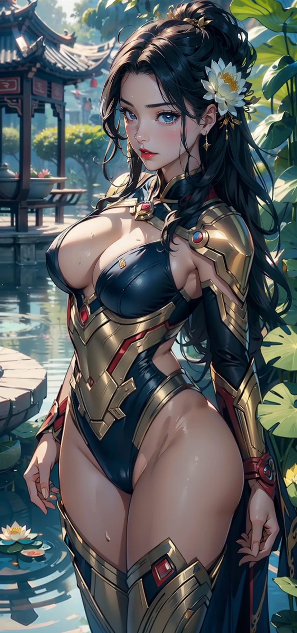 1female,36 years old,Bigchest,Raised sexy,Pornographic exposure, 独奏,(Background with:Surrounded by lotus flowers,bamboo forrest,Lotus pond,lotuses,lotus flower,china rose,rosette,chrysanthemums) She has short black hair,standing on your feet,Sweat profusely,drenched all over the body,seen from the front, hair straight, mostly cloudy sky,(((tmasterpiece),(Very detailed CG unity 8K wallpaper),best qualtiy,cinmatic lighting,detailed back ground,beatiful detailed eyes,Bright pupils,(Very fine and beautiful),(Beautiful and detailed eye description),Black eyes,Redlip,ultra - detailed,tmasterpiece,)),facing at camera,(The upper part of the body),A high resolution,ultra - detailed),revealing breasts,Bare genitalia, Bulge,legs are open,sexyposture,Camel toes,Flushed complexion,Open-mouthed,frontage,A ball head,Gold Saint Seiya,Lotus hair ornaments(Wearing:Iron Man uniform,Blue streamer surrounds,Armour,Gold wire embroidery,Superman uniform)
