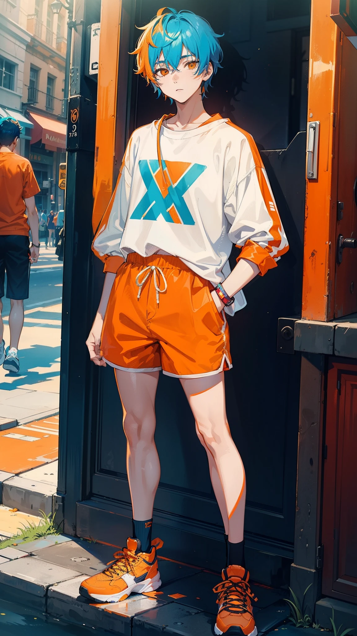 Teenage boy, (colored hair), beautiful, (street clothes, ((wearing shorts)), ((standing)), detailed, (colored hair), ((orange clothes)), (beautiful and High quality)