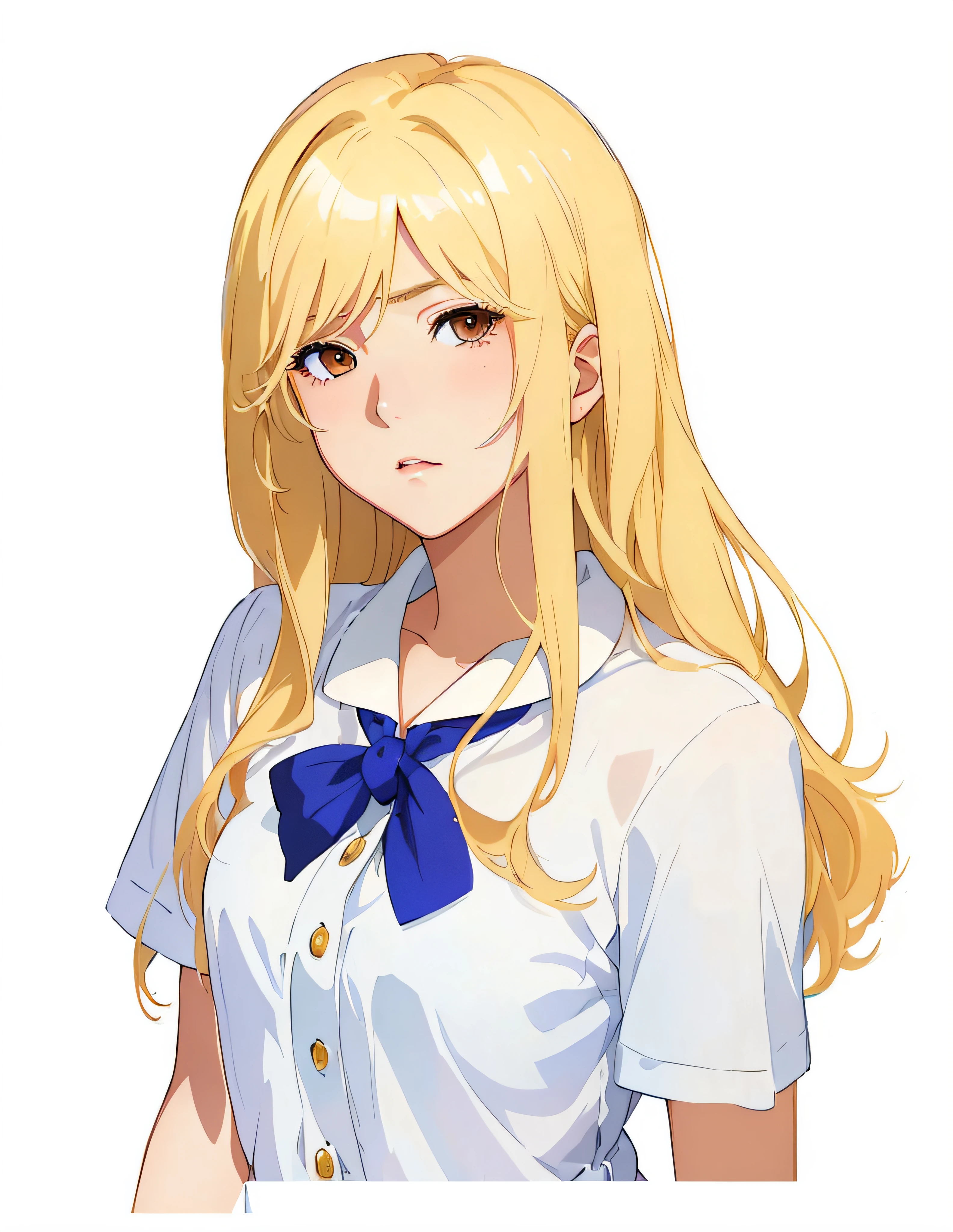 (top-quality、​masterpiece:1.2)、high-level image quality、illustratio、artistic、Blonde Woman, one blonde with long hair, Beautiful High School Girl, Smooth Anime CG Art, enticing、profile、Looking at the camera、Brown eyes、Brown eyes、Disgusting face、Grumpy face、