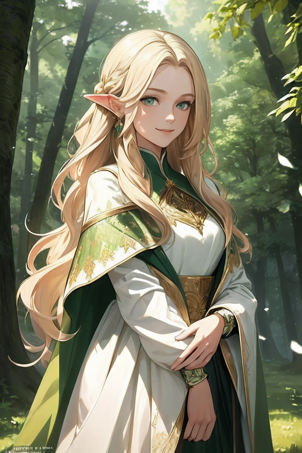 (((Masterpiece, Best Quality, Super Detail))), ((Very delicate and beautiful)), ((Beautiful delicate face)), One woman, beautiful blonde long straight hair, fine bright green eyes, long ears, fine green cloak armor, smile, forest, sunlight through trees, walking, strong wind, confetti