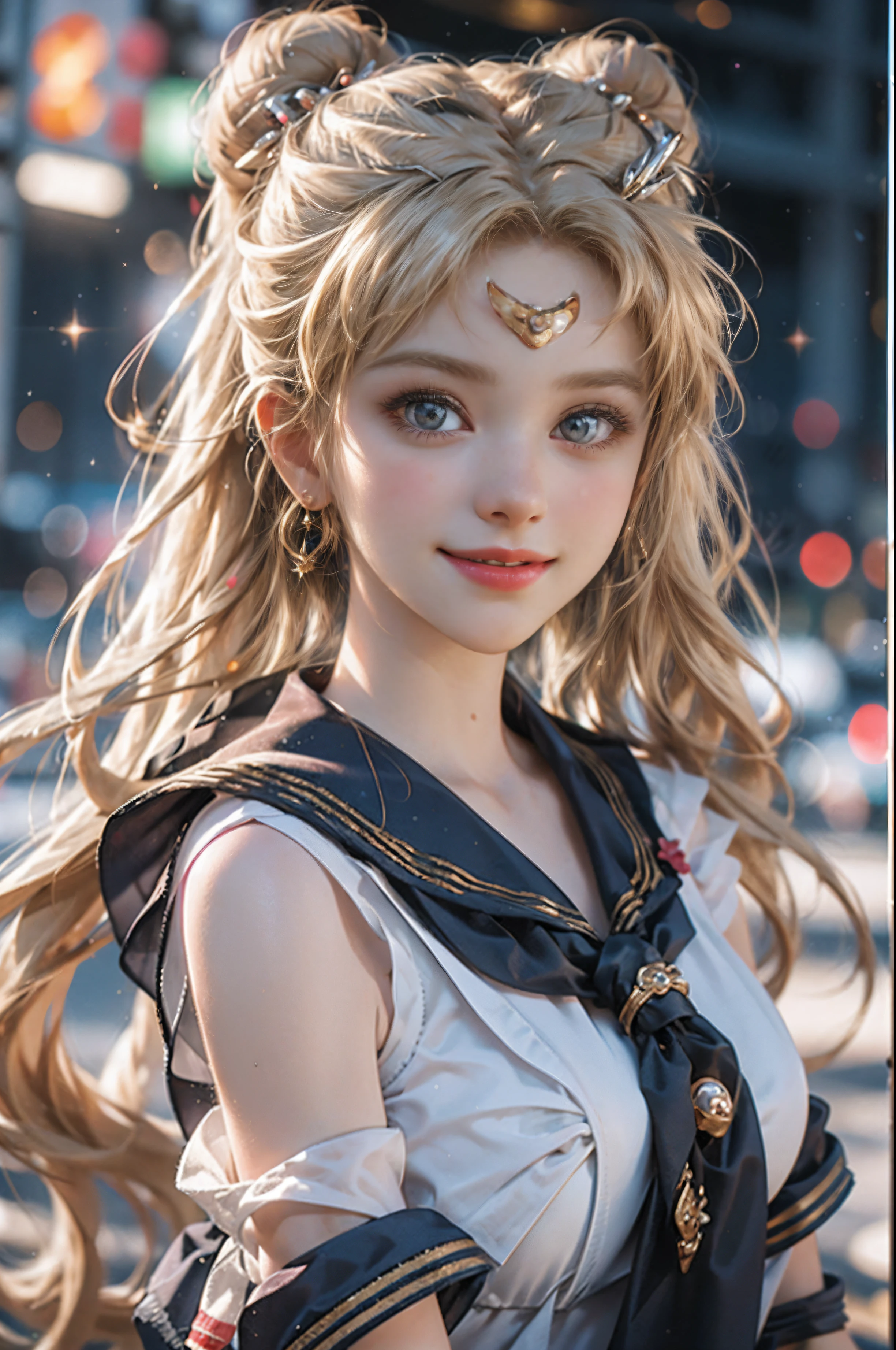 a professional movie photograph of, woman in a pixar-style sailor moon, in the style of luminous 3d objects, she has a cartoon smile, with lit eyes, white skin and rosy cheeks, a winning photograph from the society, blonde hair, dorne, very bright and shiny blonde hair, iridescence/opalescence, glitter, highly detailed photorealistic, 16k --expressive style --niji 5, best quality, high quality, highly detailed, 8k