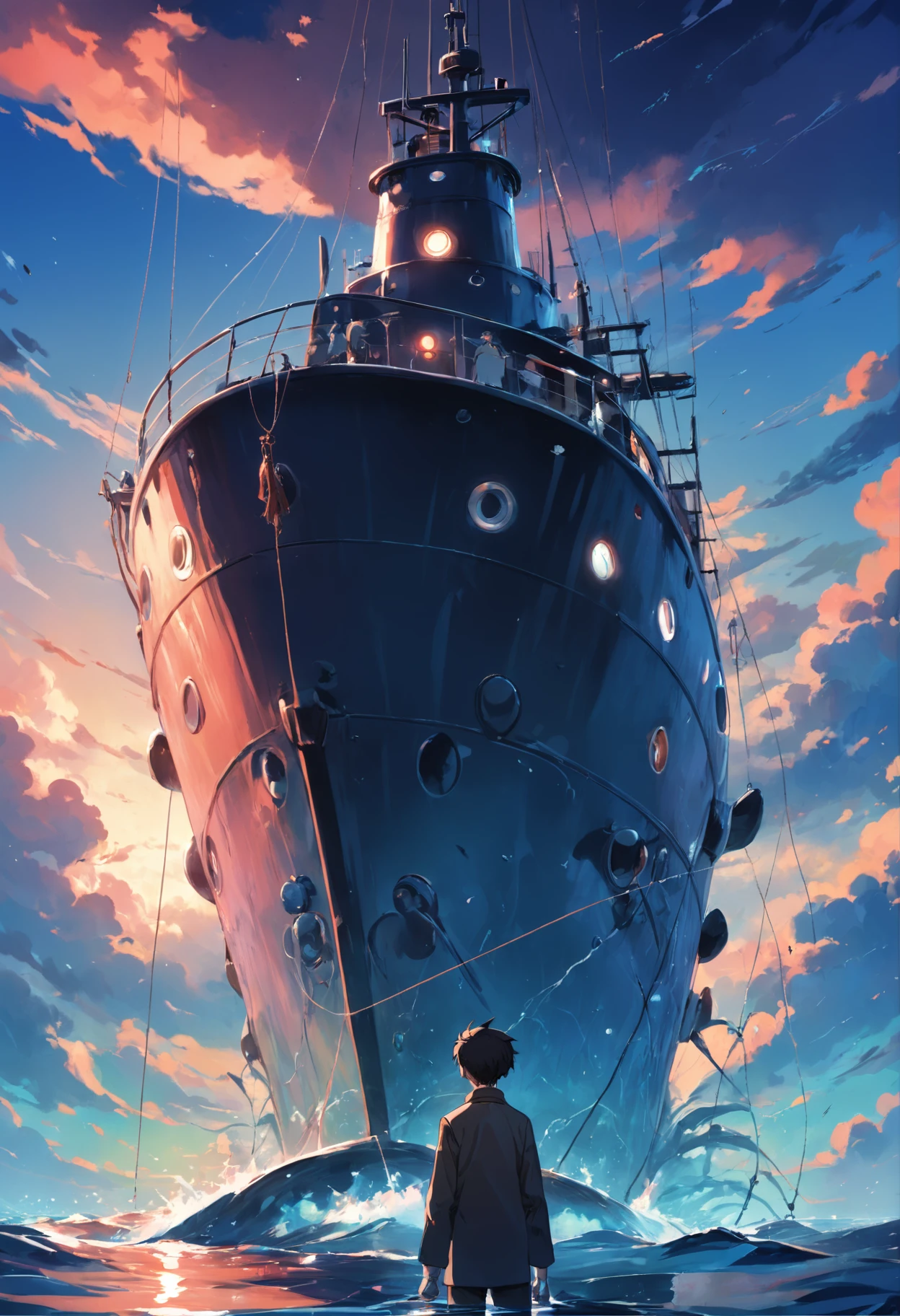 Captain hanging a fishing line at the tip of a submarine