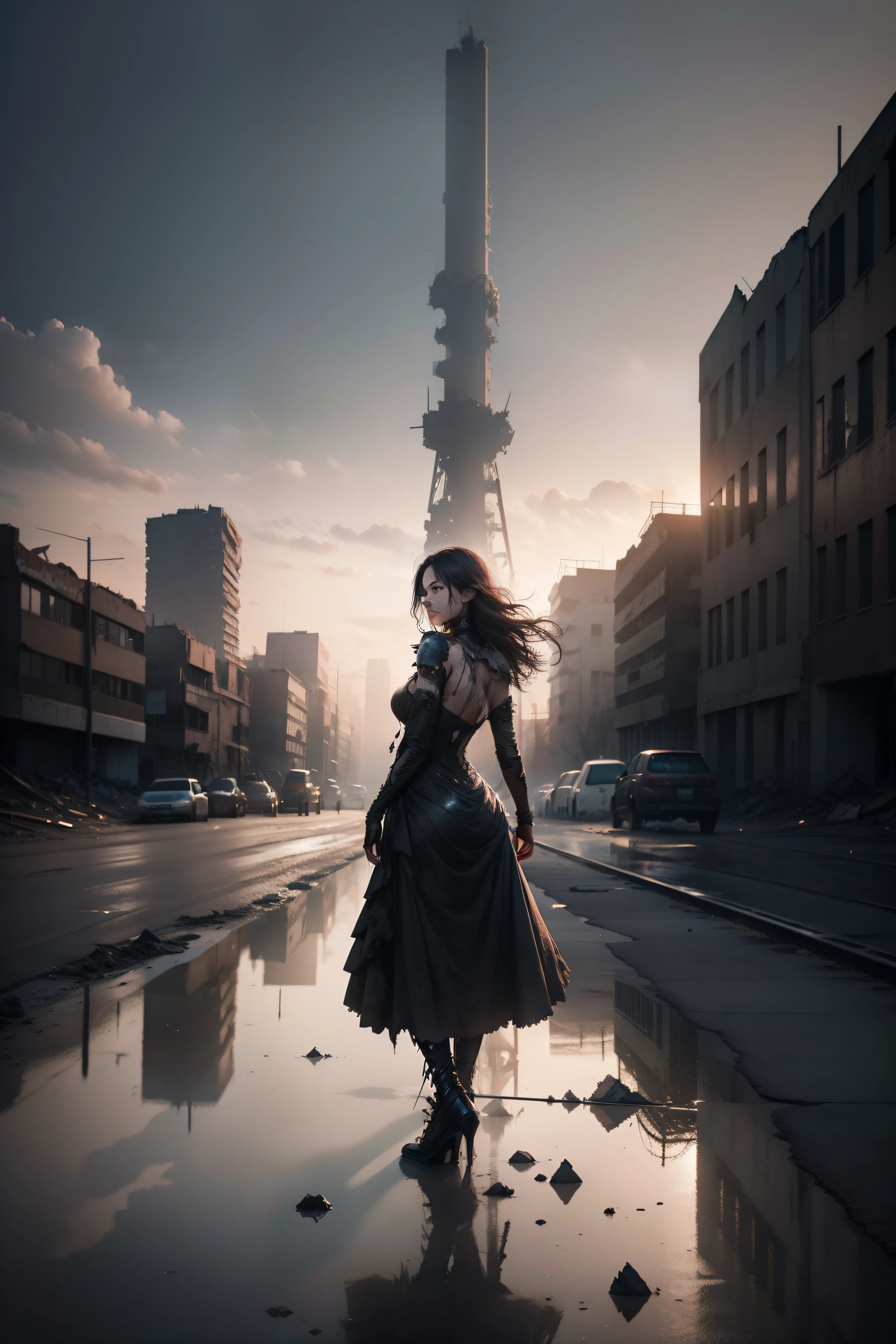 A mesmerizing photograph that captures the stark contrast between beauty and desolation, featuring a woman standing in the midst of a post-apocalyptic town. Her appearance is a testament to her resilience, as she stands tall with an air of quiet strength, despite the ruins that surround her. The remnants of buildings loom in the background, their twisted metal and broken glass juxtaposed against the woman's ethereal presence. The play of light and shadows creates an atmosphere of both mystery and melancholy, inviting the viewer to reflect on the woman's journey through the aftermath of catastrophe.