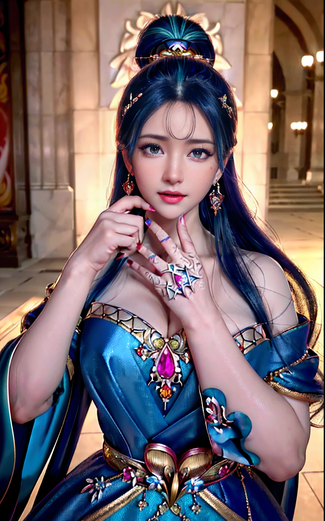 ((realisticity: 1.2)), ((realistic: 8K UHD)), ((best resolution: 8K UHD)), hyper detailed, best quality,masterpiece,highres,cg, ((1 girl hyper detailed and hyper realistic) ) , ((beautiful queen, hyper realistic and hyper detailed)),((white skin, beautiful, smooth, youthful, hyper realistic and hyper detailed )), ((Face hyper beautiful, white, hyper realistic and hyper detailed ) ), long hair, ((hyper realistic and hyper detailed dress)), solo, ((hyper realistic, hyper beautiful, beautiful and hyper detailed jewelry)), ((hyper beautiful deep red and golden yellow dress, hyper realistic and hyper detailed )) , ((Her pretty, hyper realistic, hyper detailed diamond filled earrings)), ((Her gorgeous diamond haircut, hyper realistic and hyper detailed)), ((hyper pretty upper body, hyper beautiful, hyper realistic and hyper detailed) ), ((medium breast: 1.1)), ((hyper realistic, hyper pretty, hyper detailed boobs)), ((the backgroun of the royal palace is hyper majestic, hyper realistic and hyper detailed)),((hands and palms hyper beautiful, hyper detailed, hyper realistic)), ((hyper detailed and hyper realistic fingers and fingernails)), ((hyper pretty fingernails, hyper vivid, hyper detailed, hyper realistic)), ((thumb, index finger, middle finger, ring finger, little finger hyper vivid, hyper pretty, hyper detailed, hyper realistic)), ((hyper beautiful fingers, hyper detailed, and hyper realistic)), ((posture not too fat and not too thin, hyper realistic, hyper detail)), ((hyper pretty, hyper pretty, hyper realistic and hyper detailed hair bun)), ((hyper pretty , hyper realistic and hyper detailed blue hair)), candid, Photo, high resolution, 8k , bokeh,