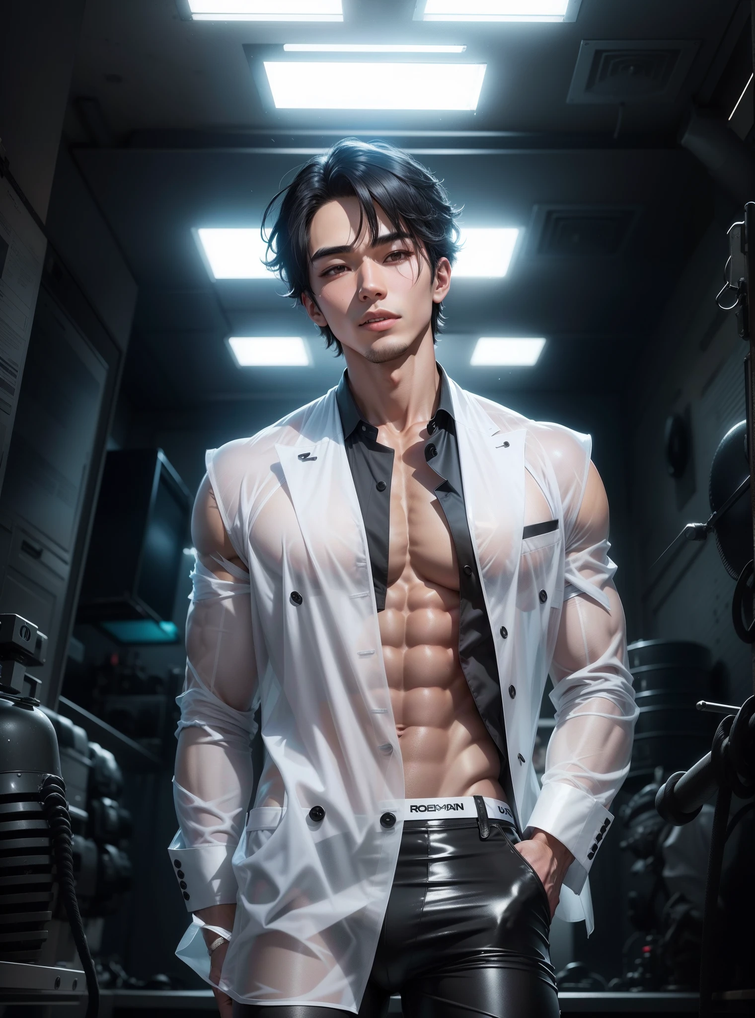 Um coreano de 22 anos, 1,80 Downloads, has black hair and a com um sorriso no rosto, is wearing transparent black clothes showing the skin, e uma cueca preta, wearing an open shirt showing the abdomen, And he's in a tech room, Quarto branco futurista, roupas transparentes, too much muscle, Fundo, Ativo, badboy, roupas transparentes, Transparent pants, roupa transparente, rico, Millionaire, roupas transparente
