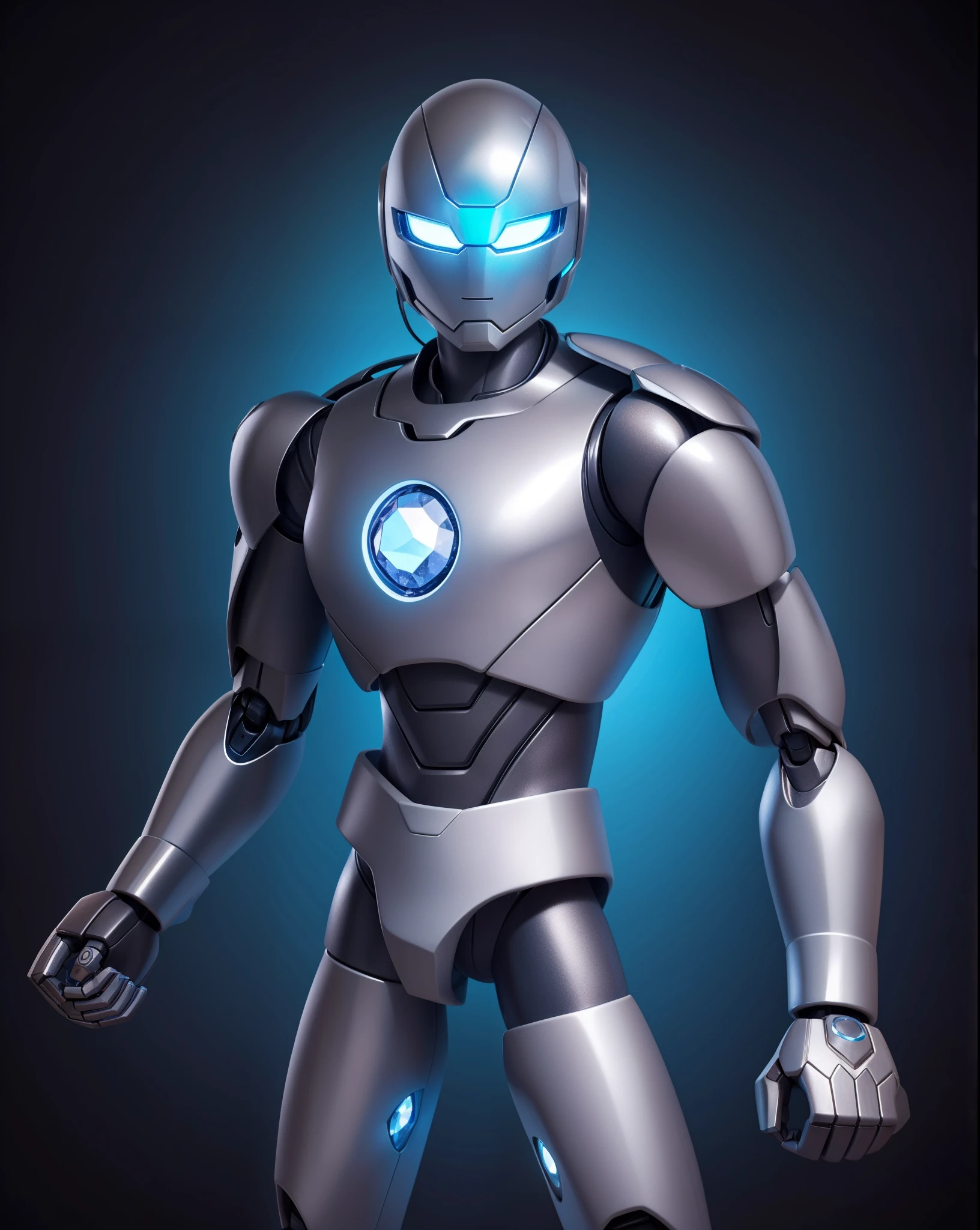 High quality, silver and gray body, shiny body, white crystals for eyes, blue crystals on chest, night background, silver hero suit, hero's head, robot,