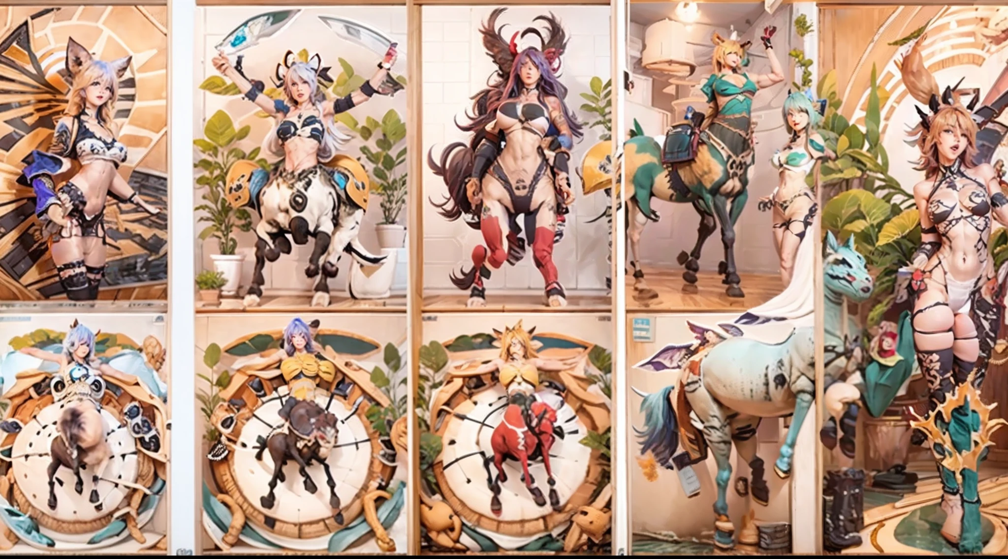 In the beautiful illustration of this super-grand scene，The ultra-long-range lens is shown（Eight unique centaur characters：9.9），They all have their own characteristics，Vivid and interesting。Radiant angelic centaurs from the heavenly realm，To the hellish centaurs surrounded by nightmarish flames，And then to the Wind Immortal Centaur dancing in the air，There are also one-horned centaurs surrounded by thunder and lightning，and mechanical centaurs that shine with metallic light，And then to the powerful dragon centaur with colored dragon scales covering the whole body，The elegant and agile elf centaur always wears a flower crown with its slender and graceful lines，Enchanting and charming Tiflin centaurs。Each character has their own unique charms and abilities。The illustration uses advanced artistic techniques and tools，（Divide the scene into sections by geometric arrangement：9.9），Each section corresponds to a centaur character，This makes more efficient use of space。Through Midjourney's advanced brush tools、Color palette、Material packs and model packs，Exquisite costumes and equipment are designed for each centaur，Enhances the character's personality and visual appeal。The scenery in the illustrations is stunning，There are changing skies、rainbowing、extreme light、Stars and Moon。Incorporating iconic landmarks such as Mount Everest，and fireworks、tranquil lake、Natural and urban elements of waves and neon lights，Creates a magical atmosphere。The centaurs showed off their skills and equipment in a variety of environments，This is true even in extreme alien landscapes。（Use Midjourney's tools、Material packs、Texture tools、The color palette makes depicting details vivid and realistic：9.9），From intricate hairstyles and clothing to authentic textures，Enhances the realism of the characters and surroundings。The fusion of multiple art styles adds movement to the centaur's movement at all angles，The overall visual experience is further enriched。The final illustration was described as a "mast