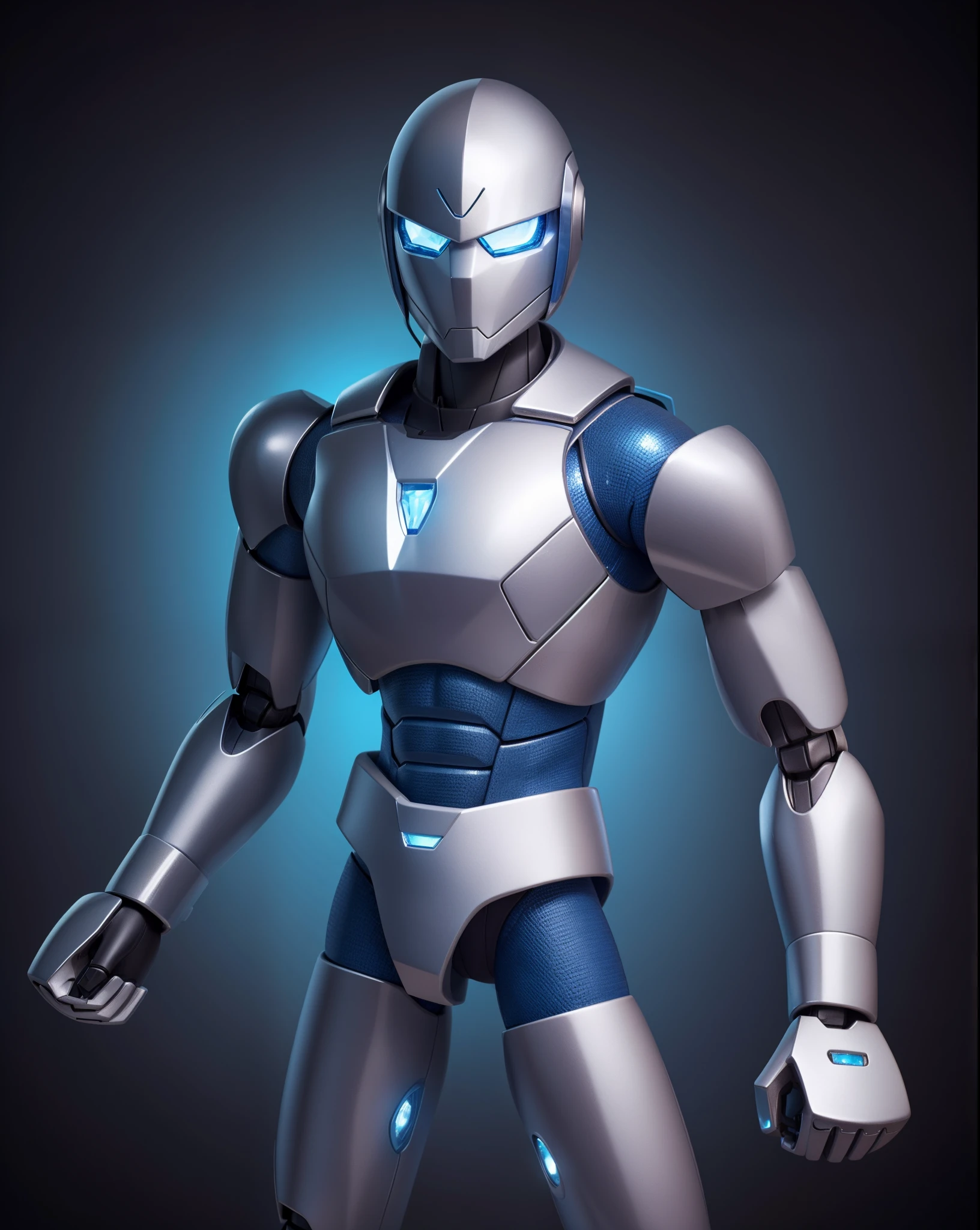 High quality, silver and gray body, shiny body, white crystals for eyes, blue crystals on chest, night background, silver hero suit, hero's head, robot,