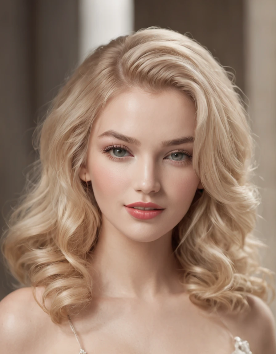 realistic,  a beautiful 22-year-old Marilyn Monroe, flawless, pretty young woman exuding a graceful and alluring presence, pretty face, blonde hair, big brown eyes, . Her figure is perfection,  Happy face, Full buts, impressive emerald and diamond necklace, 8k resolution concept art portrait,  (((long wavy hair)), (seductive lips:1.3), highly detailed face and skin texture, ((highly seductive)),