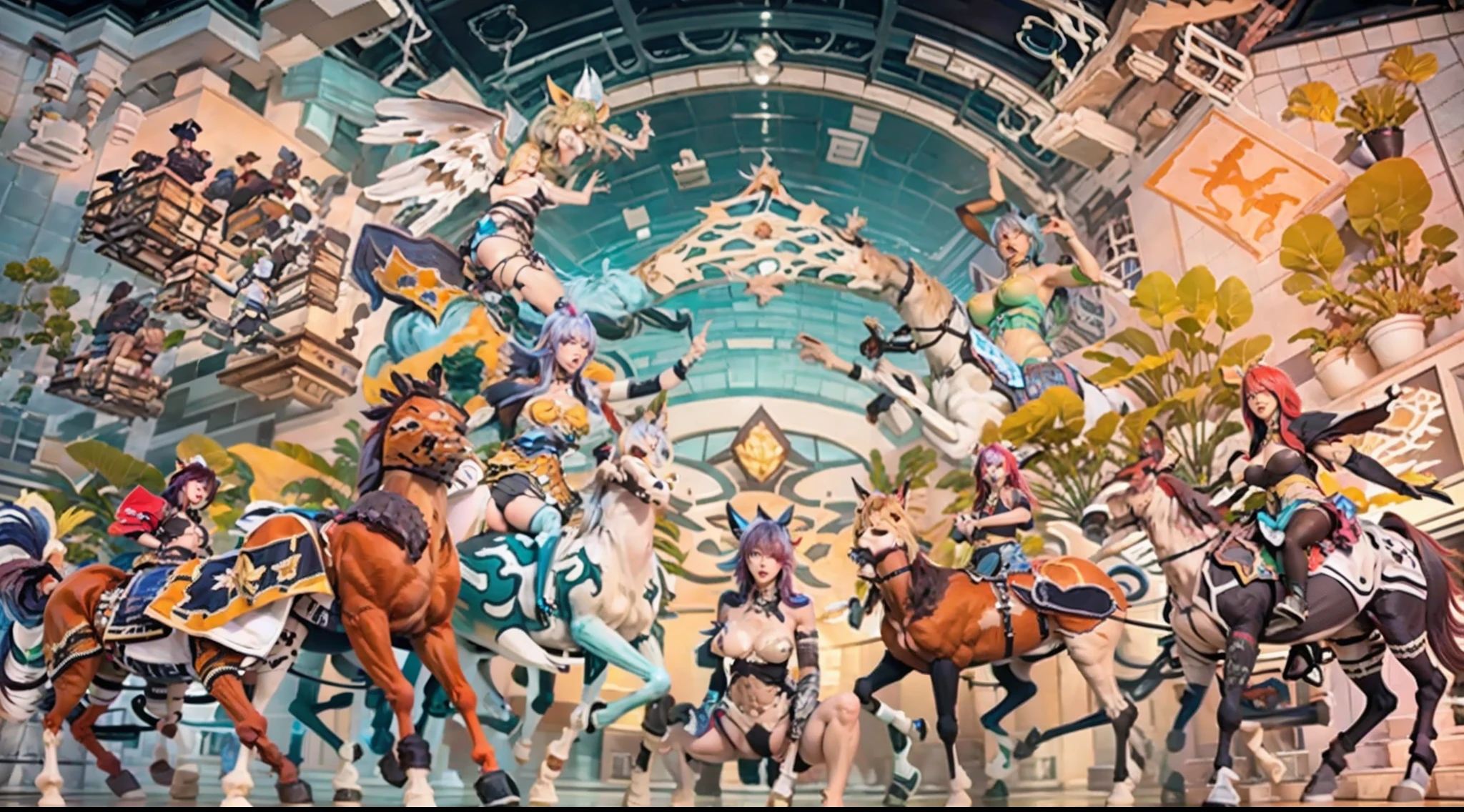 In the beautiful illustration of this super-grand scene,The ultra-long-range lens is shown(Eight unique centaur characters:9.9),They all have their own characteristics,Vivid and interesting。Radiant angelic centaurs from the heavenly realm,To the hellish centaurs surrounded by nightmarish flames,And then to the Wind Immortal Centaur dancing in the air,There are also one-horned centaurs surrounded by thunder and lightning,and mechanical centaurs that shine with metallic light,And then to the powerful dragon centaur with colored dragon scales covering the whole body,The elegant and agile elf centaur always wears a flower crown with its slender and graceful lines,Enchanting and charming Tiflin centaurs。Each character has their own unique charms and abilities。The illustration uses advanced artistic techniques and tools,(Divide the scene into sections by geometric arrangement:9.9),Each section corresponds to a centaur character,This makes more efficient use of space。Through Midjourney's advanced brush tools、Color palette、Material packs and model packs,Exquisite costumes and equipment are designed for each centaur,Enhances the character's personality and visual appeal。The scenery in the illustrations is stunning,There are changing skies、rainbowing、extreme light、Stars and Moon。Incorporating iconic landmarks such as Mount Everest,and fireworks、tranquil lake、Natural and urban elements of waves and neon lights,Creates a magical atmosphere。The centaurs showed off their skills and equipment in a variety of environments,This is true even in extreme alien landscapes。(Use Midjourney's tools、Material packs、Texture tools、The color palette makes depicting details vivid and realistic:9.9),From intricate hairstyles and clothing to authentic textures,Enhances the realism of the characters and surroundings。The fusion of multiple art styles adds movement to the centaur's movement at all angles,The overall visual experience is further enriched。The final illustration was described as a "mast