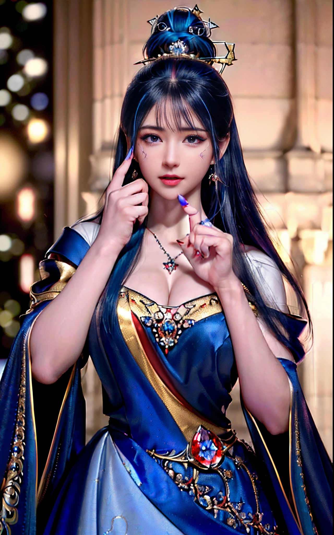 ((realisticity: 1.2)), ((realistic: 8K UHD)), ((best resolution: 8K UHD)), hyper detailed, best quality,masterpiece,highres,cg, ((1 girl hyper detailed and hyper realistic) ) , ((beautiful queen, hyper realistic and hyper detailed)),((white skin, beautiful, smooth, youthful, hyper realistic and hyper detailed )), ((Face hyper beautiful, white, hyper realistic and hyper detailed ) ), long hair, ((hyper realistic and hyper detailed dress)), solo, ((hyper realistic, hyper beautiful, beautiful and hyper detailed jewelry)), ((hyper beautiful deep red and golden yellow dress, hyper realistic and hyper detailed )) , ((Her pretty, hyper realistic, hyper detailed diamond filled earrings)), ((Her gorgeous diamond haircut, hyper realistic and hyper detailed)), ((hyper pretty upper body, hyper beautiful, hyper realistic and hyper detailed) ), ((medium breast: 1.1)), ((hyper realistic, hyper pretty, hyper detailed boobs)), ((the backgroun of the royal palace is hyper majestic, hyper realistic and hyper detailed)),((hands and palms hyper beautiful, hyper detailed, hyper realistic)), ((hyper detailed and hyper realistic fingers and fingernails)), ((hyper pretty fingernails, hyper vivid, hyper detailed, hyper realistic)), ((thumb, index finger, middle finger, ring finger, little finger hyper vivid, hyper pretty, hyper detailed, hyper realistic)), ((hyper beautiful fingers, hyper detailed, and hyper realistic)), ((posture not too fat and not too thin, hyper realistic, hyper detail)), ((hyper pretty, hyper pretty, hyper realistic and hyper detailed hair bun)), ((hyper pretty , hyper realistic and hyper detailed blue hair)), candid, Photo, high resolution, 8k , bokeh,
