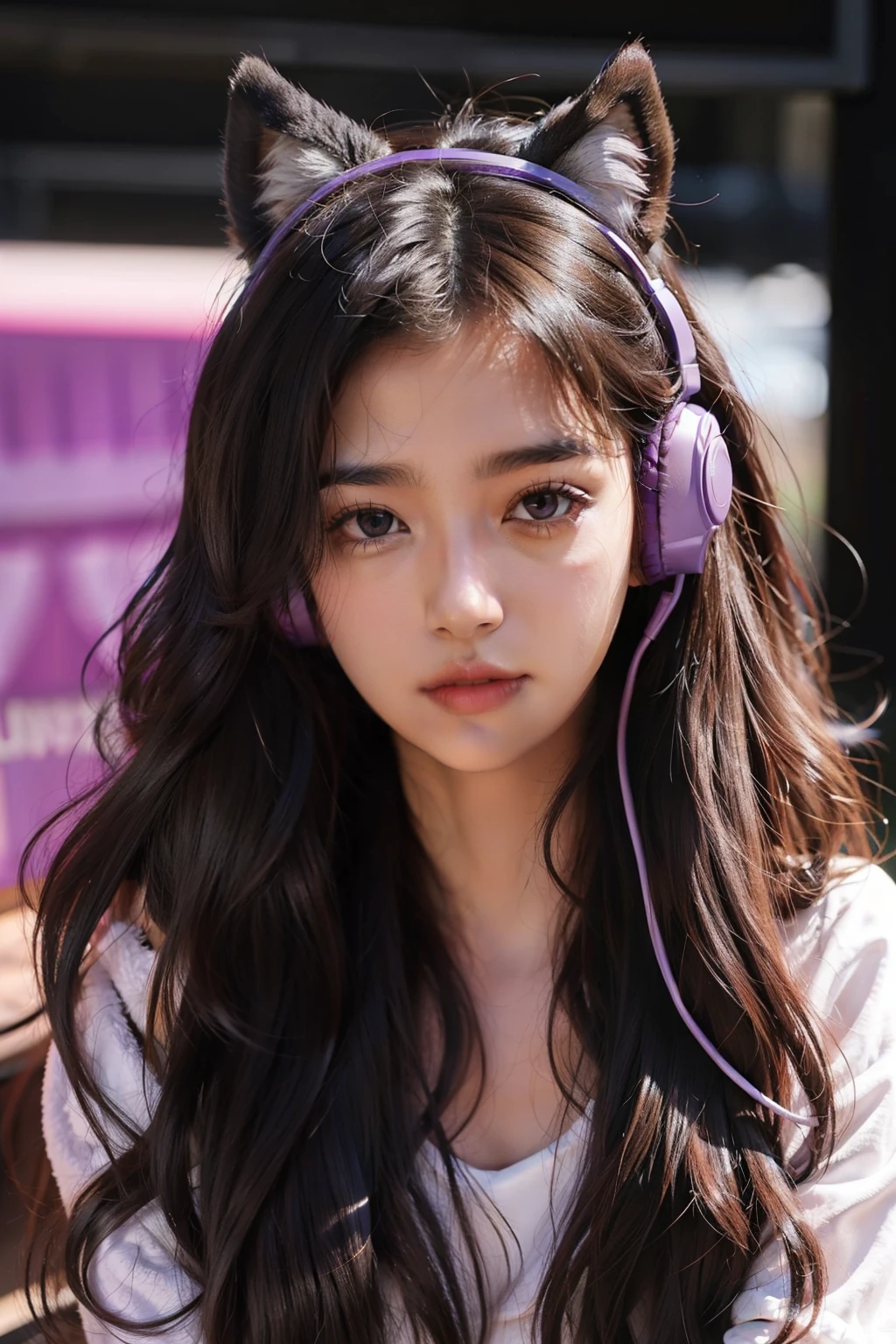 girl, long curly hair, animal ear headphones , brown skin, purple eyes