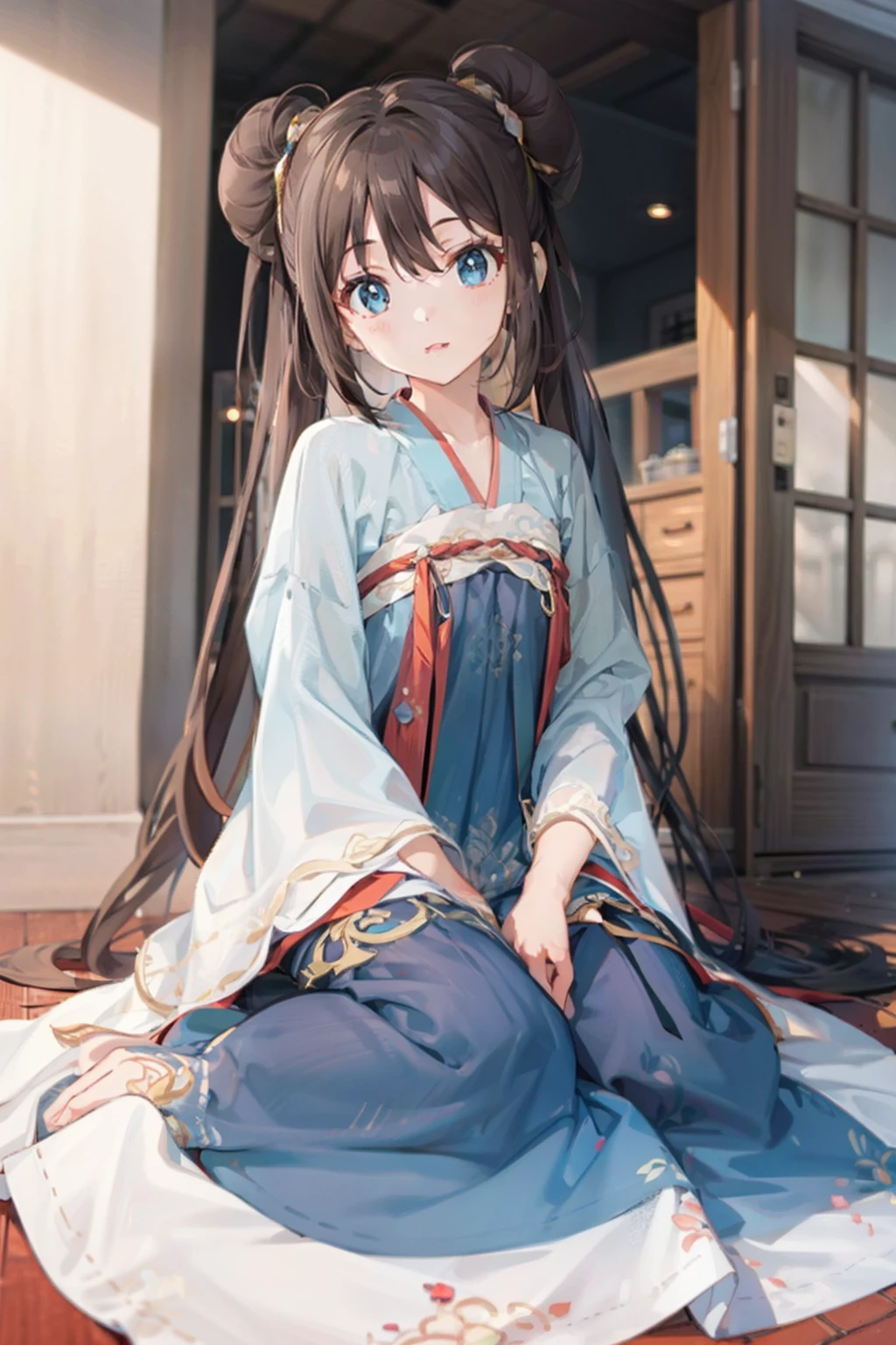 ro1, hair bun, twintails, long hair, blue eyes:1.5, hanfu, tang style, full body, sitting on ground, perfect eyes:1.2, detailed eyes:1.4, Ultra-realistic 8K CG, masterpiece, ((ultra-detailed background, delicate pattern, intricate details)), best quality, intricate details, 1girl, solo, (masterpiece:1.6, best quality)