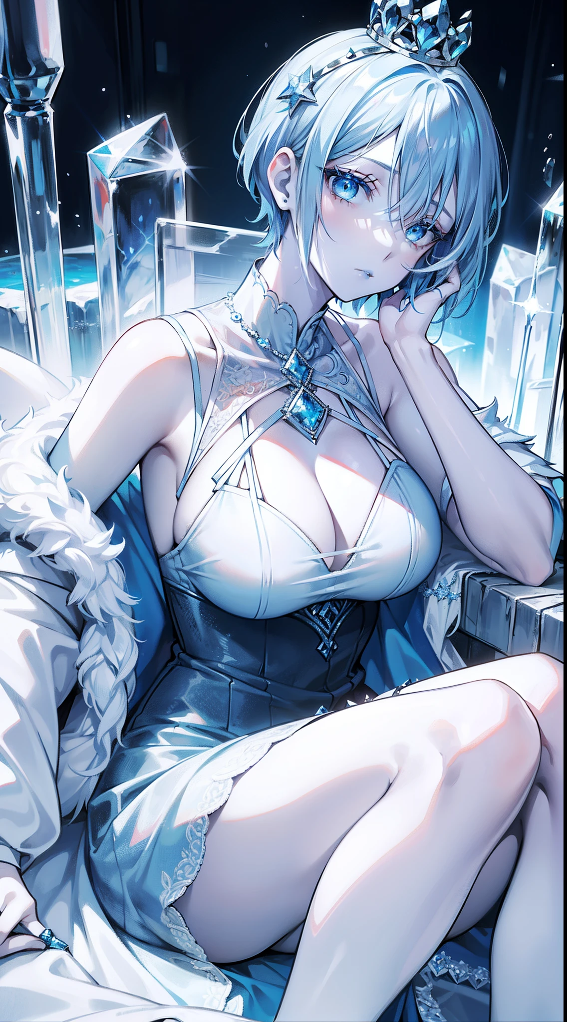 Adult woman, Short blue hair, blue eyes, big breastes, pale skin, Ice Crown, ice dress, Cold, emotionless look, blue lipstick, Masterpiece, hiquality