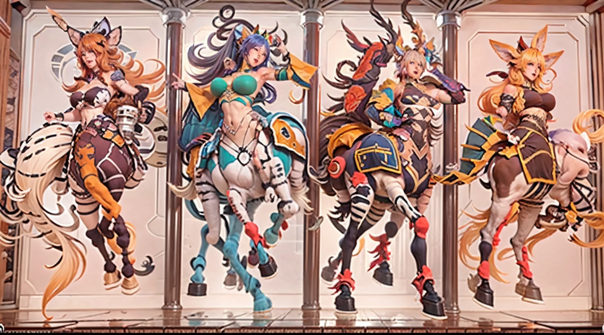 In the beautiful illustration of this super-grand scene，The ultra-long-range lens is shown（Over eight unique centaur characters：9.9），They all have their own characteristics，Vivid and interesting。Radiant angelic centaurs from the heavenly realm，To the hellish centaurs surrounded by nightmarish flames，And then to the Wind Fairy Centaur dancing in the air，There are also one-horned centaurs surrounded by thunder and lightning，and mechanical centaurs that shine with metallic light，And then to the powerful dragon centaur with colored dragon scales covering the whole body，The elegant and agile elf centaur always wears a flower crown with its slender graceful lines，Enchanting and charming Tiflin centaurs。Each character has their own unique charms and abilities。The illustration uses advanced artistic techniques and tools，（Divide the scene into sections by geometric arrangement：9.9），Each section corresponds to a centaur character，This makes more efficient use of space。Through Midjourney's advanced brush tools、Color palette、Material packs and model packs，For each centaur, beautiful props are designed to increase racial characteristics、Clothing and physical features，Enhances the character's personality and visual appeal。The scenery in the illustrations is stunning，There are changing skies、rainbowing、extreme light、Stars and Moon。Incorporating iconic landmarks such as Mount Everest，and fireworks、tranquil lake、Natural and urban elements of waves and neon lights，Creates a magical atmosphere。The centaurs display their unique abilities and equipment in a variety of environments，This is true even in extreme alien landscapes。（Use Midjourney's tools、Material packs、Texture tools、The color palette makes depicting details vivid and realistic：9.9），From complex hairstyles and as well as different racial traits、Body、Appearance features、Clothing to real textures，This greatly enhances the realism of the characters and surroundings。The fusion of multiple art styles adds movement to the centaur's