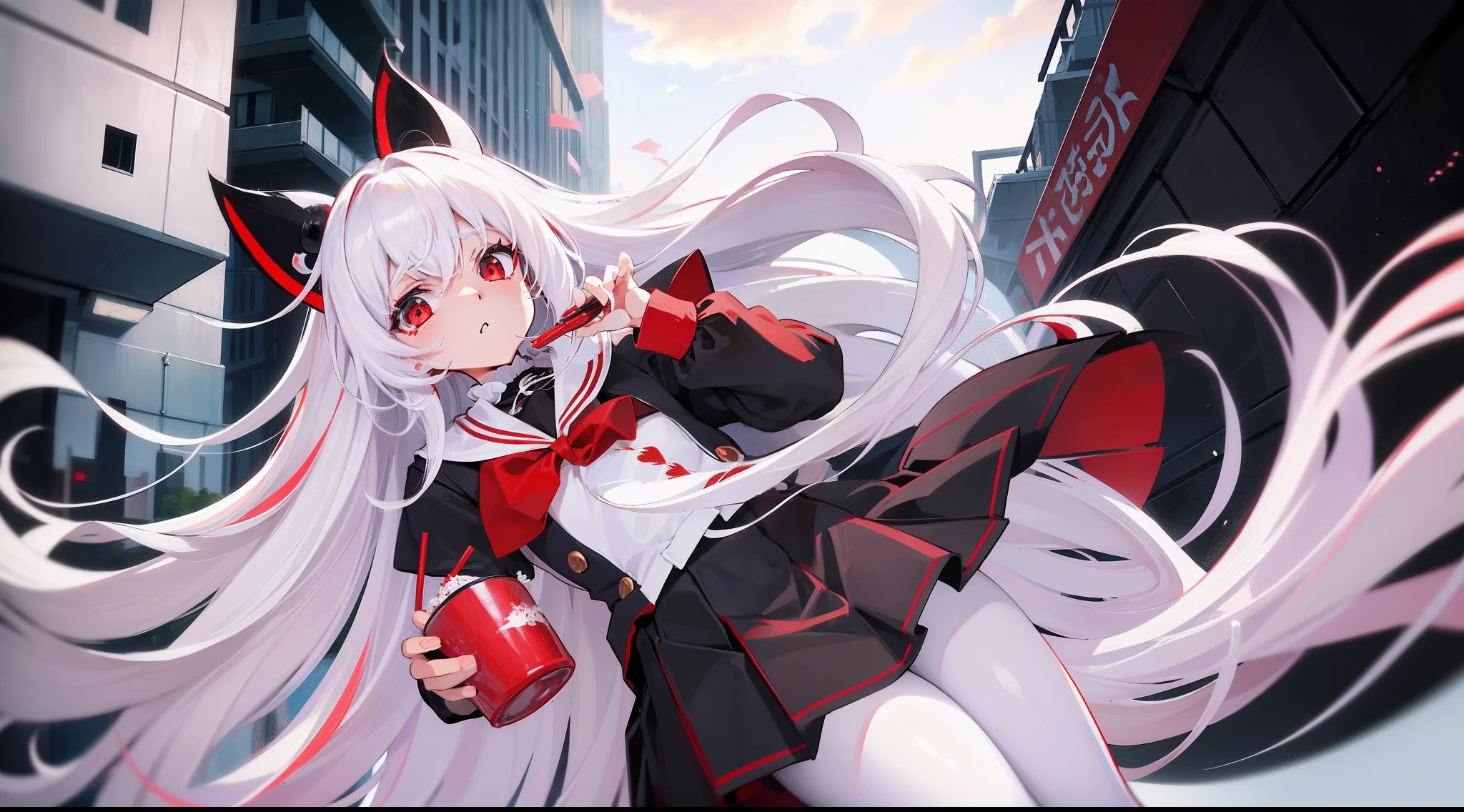 Long white hair, Red eyes, Black pleated skirt,Inside was a white sailor suit,Wearing black pantyhose, Plump body, An anime character, Only one person,Drinking brown drinks on the street