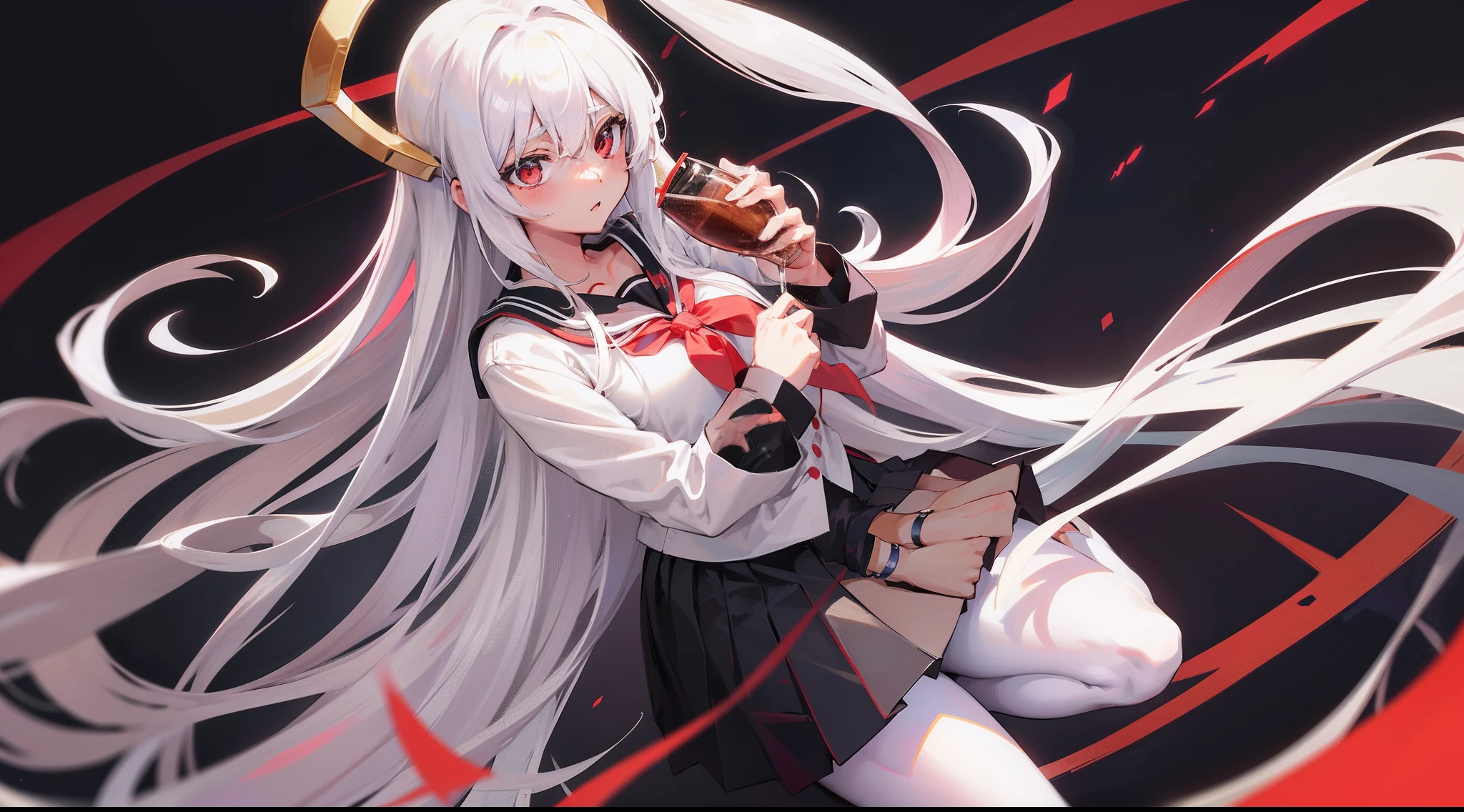 Long white hair, Red eyes, Black pleated skirt,Inside was a white sailor suit,Wearing black pantyhose, Plump body, An anime character, Only one person,Drinking brown drinks on the street