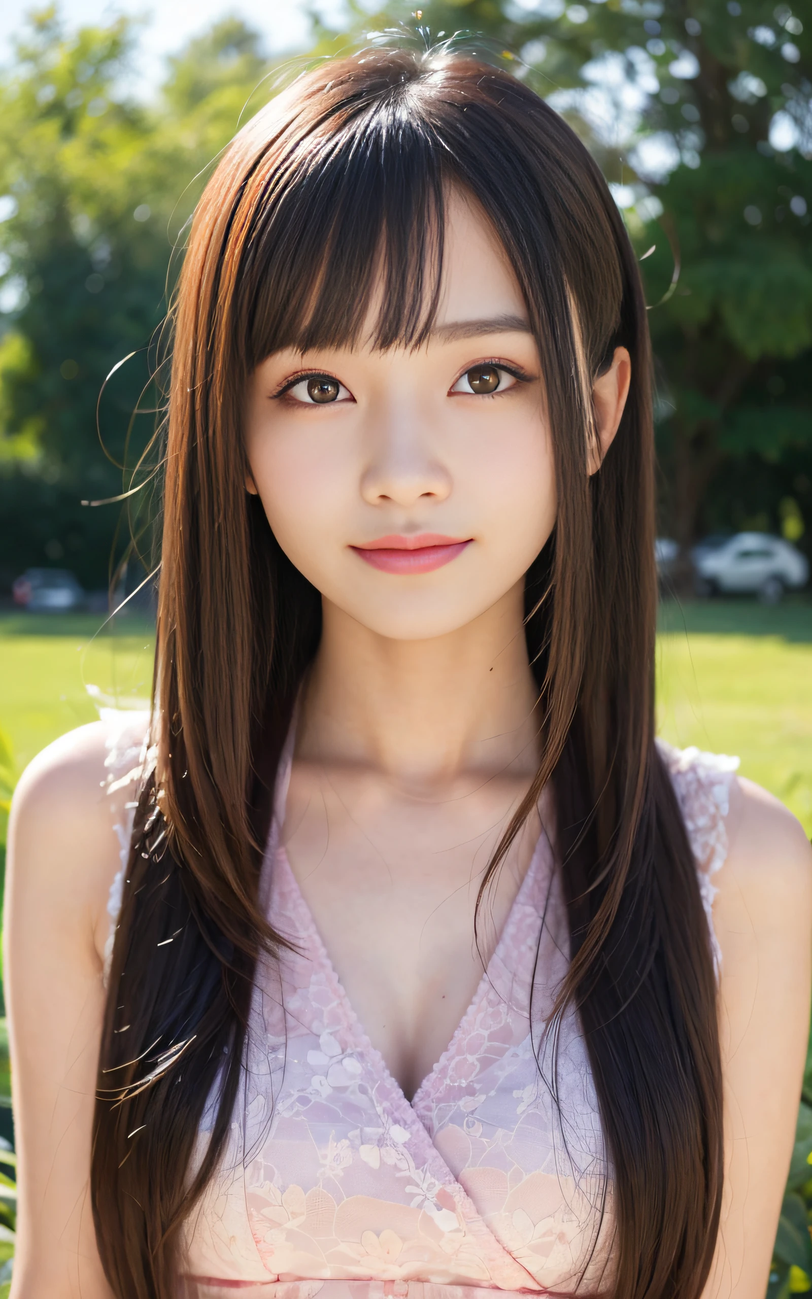 ((Best Quality, 8K, masutepiece: 1.3)), (Sharp Focus: 1.2), 1 girl, Face shot, close-up, Neat and clean beauty, 20 years old, Japanese, Classy and elegant, Slightly open mouth, Cute, Shy, A pretty girl with perfect figure, ((Shoulder-length straight hair swaying in the wind, Bangs)), shyly smile,Highly detailed face and skin texture, Detailed eyes, art gallery