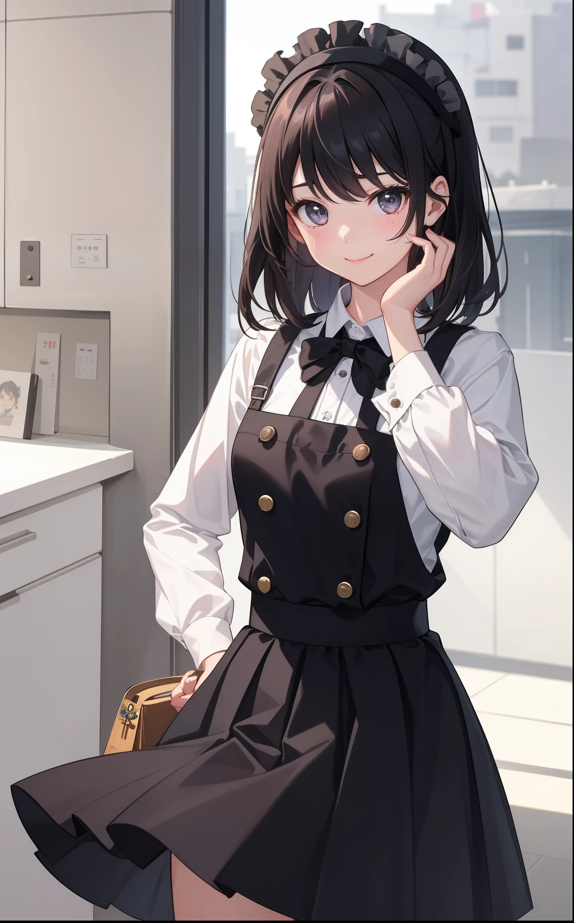1girl in、AS-Adult、A smile、A delightful! The shirt、skirt by the、(small tits)pinafore、doress、hair adornments、(Maids)、Wink at me、Throwing Kisses、