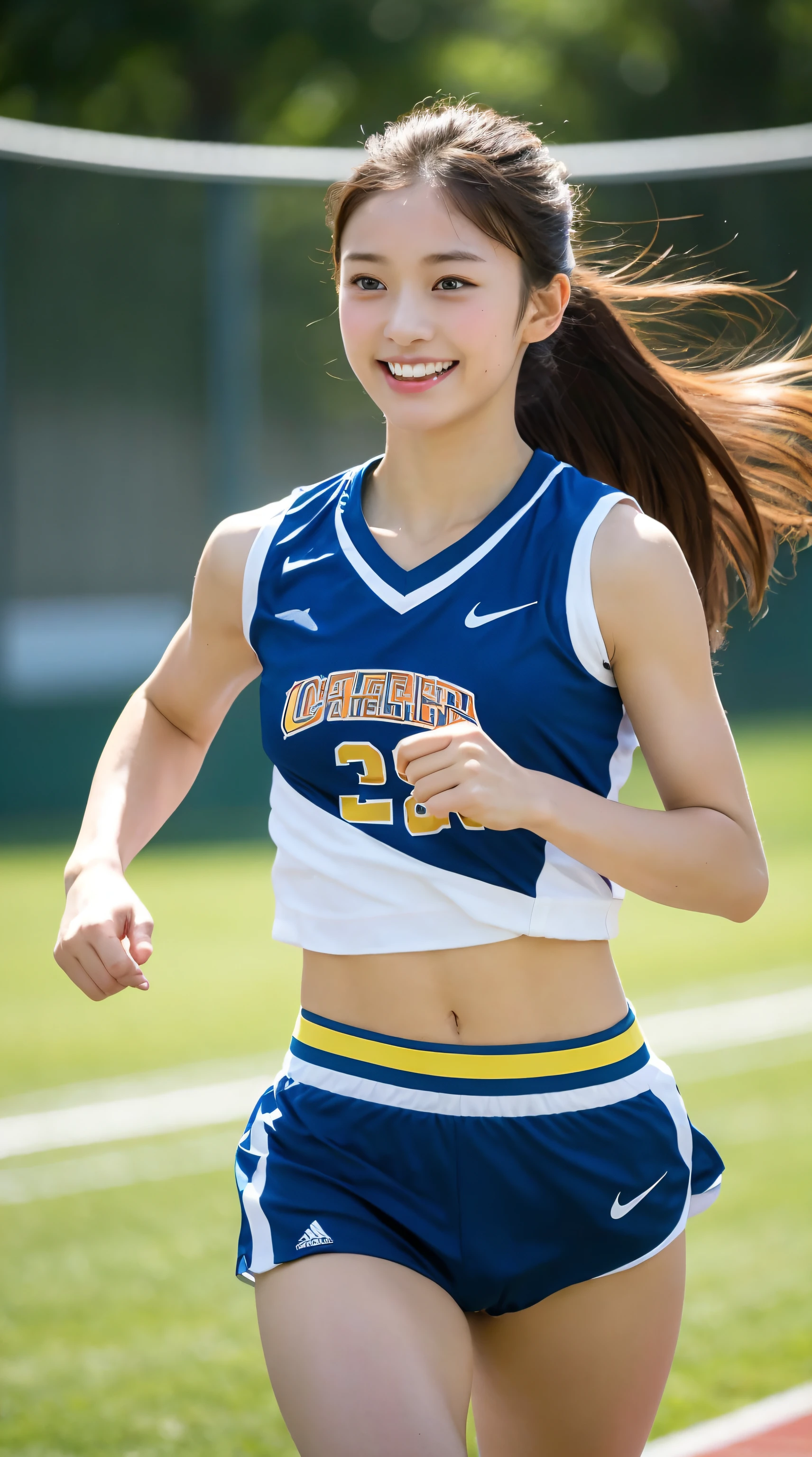 highest quality, masterpiece, Ultra-high resolution, ((Realistic textured skin)),(Realistic:1.6),blue sky,((Athletic build)), (Close-up portrait) RAW Photos, ((Air Jordan))、,pretty girl,20-year-old,((Angels)),((Stylish black basketball wear)),((Basketball court)),((Straight long hair)),((Smiling with teeth showing)),((Big smile))