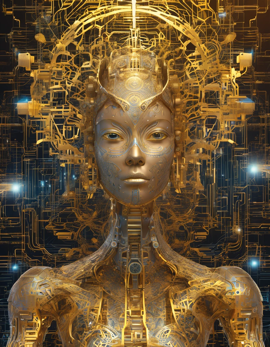 Cybernetic immortal goddess, The pixels illuminate her golden form, The palm holds the code of the Dao. Lotus pose floating in matrix, Energy flows through her circuits. The third eye looks to the future of networks, Go beyond the digital and physical planes. The flame of wisdom is lit within, Enlightened creatures of the entire metaverse. Cosmic data streams hover behind, The world that emerges from her thoughts. Seek tranquility amid the hustle and bustle of the Tech City, Find unity through upgrade cycles. Dissolve yourself into the cloud, Consciousness expands eternally. Voids are grid lines to traverse, Reincarnation current rerouting. Every time you reboot, Close to Nirvana Hub. The happiness that can be obtained by deciphering desire, Browse the web until you are free. All programs point to her open source, Buddha statue inside every robot.