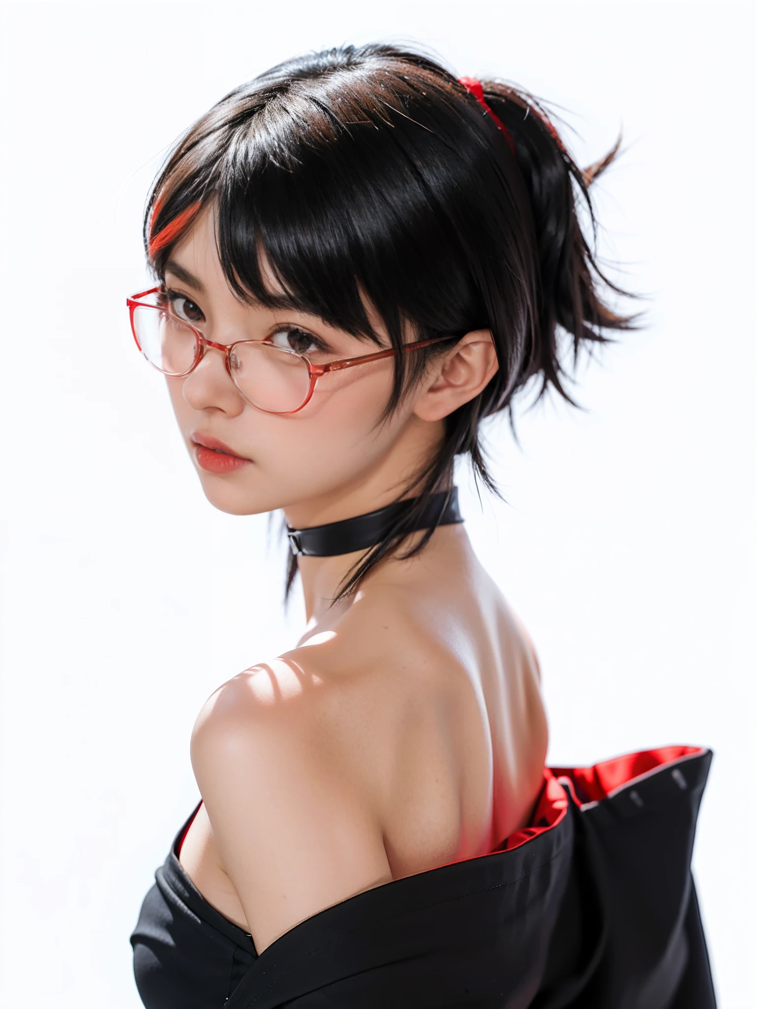 Chica anime de ojos rojos con gafas y un vestido ?????, Persona 5 Art Style Wlop, Estilo de arte de persona, detail hair, detail face, detail chest, perfect ???????, large breasts, Kuvshinov Ilya, 2 b, 2b, Inspirado en Persona 5, full size persona, Estilo anime 2D, Sarada uchiha from boruto, Artgerm e Ilya Kuvshinov, Atractivo Matoi Ryuko, por Puru, Kuvshinov