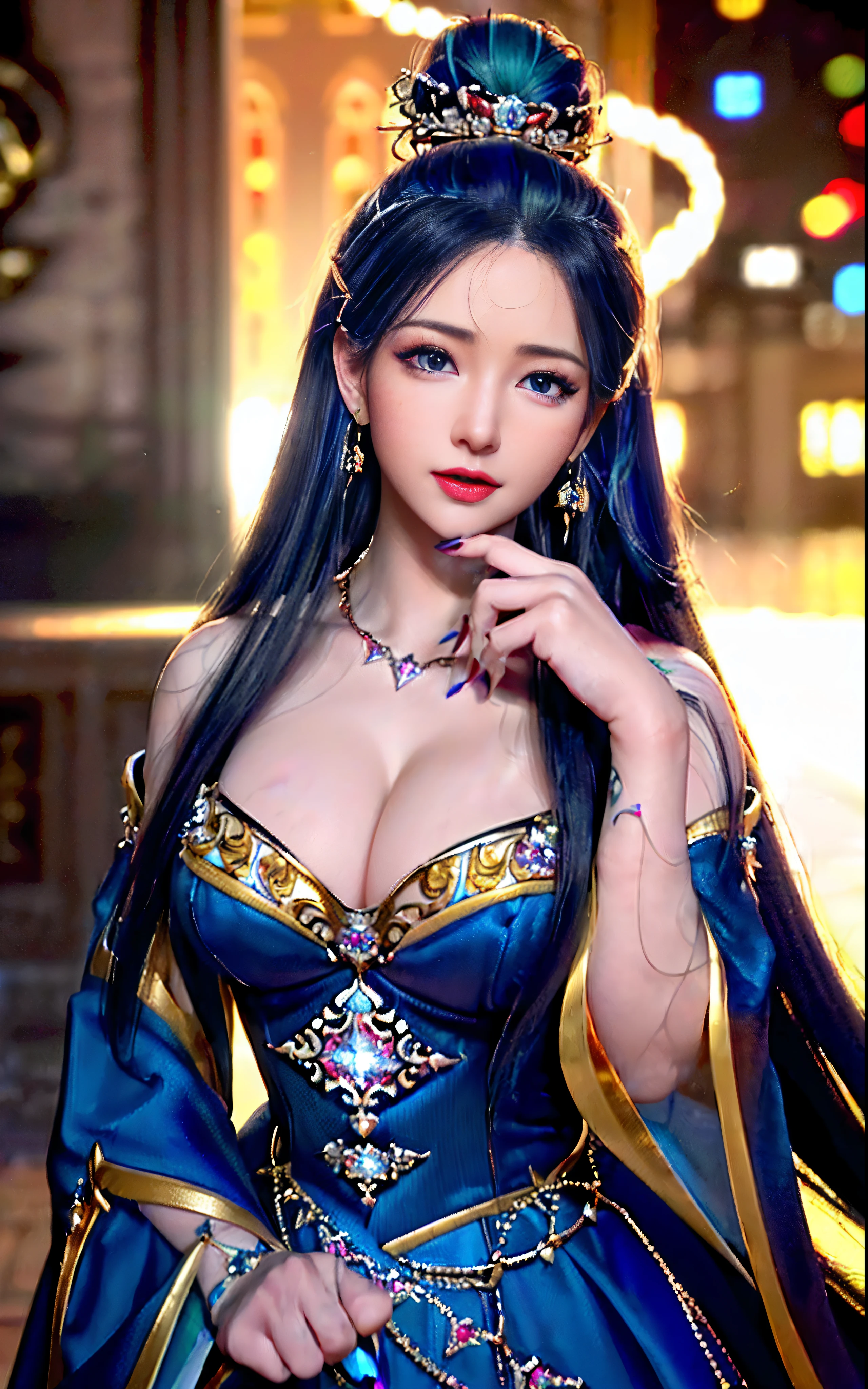 ((realisticity: 1.2)), ((realistic: 8K UHD)), ((best resolution: 8K UHD)), hyper detailed, best quality,masterpiece,highres,cg, ((1 girl hyper detailed and hyper realistic) ) , ((beautiful queen, hyper realistic and hyper detailed)),((white skin, beautiful, smooth, youthful, hyper realistic and hyper detailed )), ((Face hyper beautiful, white, hyper realistic and hyper detailed ) ), long hair, ((hyper realistic and hyper detailed dress)), solo, ((hyper realistic, hyper beautiful, beautiful and hyper detailed jewelry)), ((hyper beautiful deep red and golden yellow dress, hyper realistic and hyper detailed )) , ((Her pretty, hyper realistic, hyper detailed diamond filled earrings)), ((Her gorgeous diamond haircut, hyper realistic and hyper detailed)), ((hyper pretty upper body, hyper beautiful, hyper realistic and hyper detailed) ), ((medium breast: 1.1)), ((hyper realistic, hyper pretty, hyper detailed boobs)), ((the backgroun of the royal palace is hyper majestic, hyper realistic and hyper detailed)),((hands and palms hyper beautiful, hyper detailed, hyper realistic)), ((hyper detailed and hyper realistic fingers and fingernails)), ((hyper pretty fingernails, hyper vivid, hyper detailed, hyper realistic)), ((thumb, index finger, middle finger, ring finger, little finger hyper vivid, hyper pretty, hyper detailed, hyper realistic)), ((hyper beautiful fingers, hyper detailed, and hyper realistic)), ((posture not too fat and not too thin, hyper realistic, hyper detail)), ((hyper pretty, hyper pretty, hyper realistic and hyper detailed hair bun)), ((hyper pretty , hyper realistic and hyper detailed blue hair)), candid, Photo, high resolution, 8k , bokeh,