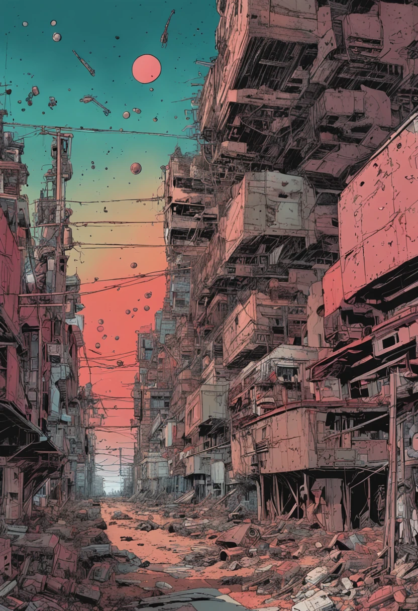 spaceships、Katsuhiro Otomo's painting style、Desolated star、Red burnt sky、Destroyed buildings