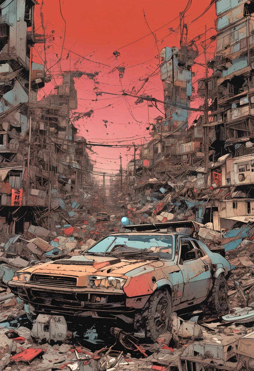 spaceships、Katsuhiro Otomo's painting style、Desolated star、Red burnt sky、Destroyed buildings