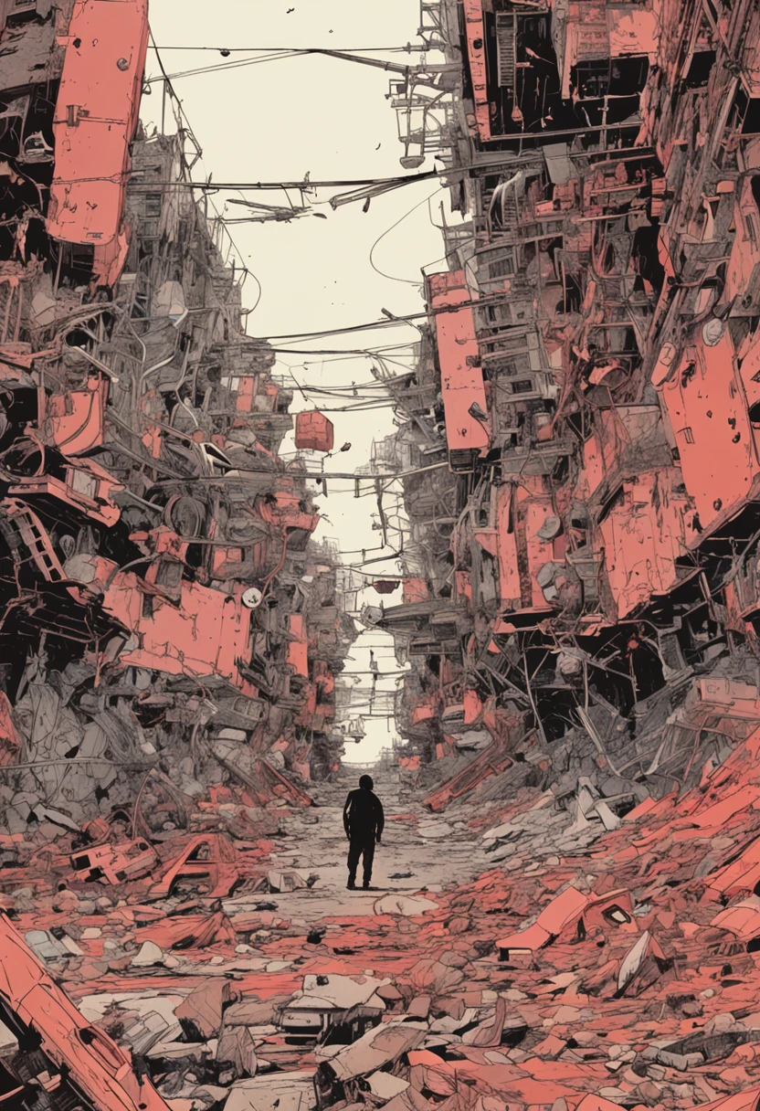 spaceships、Katsuhiro Otomo's painting style、Desolated star、Red burnt sky、Destroyed buildings