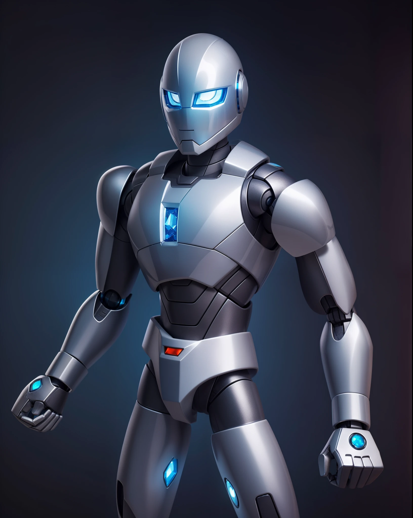 High quality, silver and gray body, shiny body, white crystals for eyes, blue crystals on chest, night background, silver hero suit, hero's head, robot,