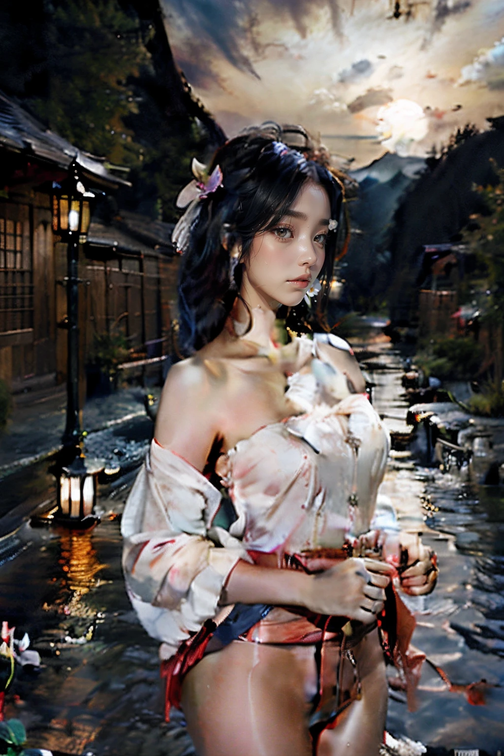 1girll, Breasts, Moon, lantern, Night, Solo, Large breasts, hair adornments, Wet, komono, Japanese clothes, wading, water, hair flower, flower, Outdoors, sky, full moon, rain, Black hair, cropped shoulders, Mountain, Cloud, Holding, sash, Bare shoulders, Paper orchid...