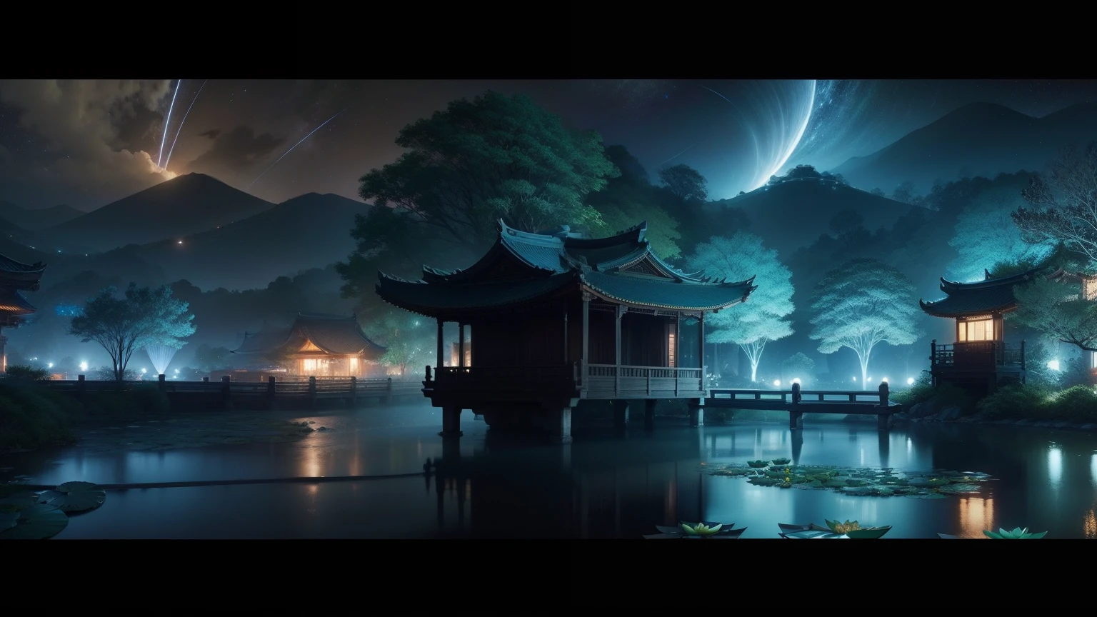 Advanced wind、CG wind、Landscape wind、nighttime scene、Night lotus pond、Brilliant starry river