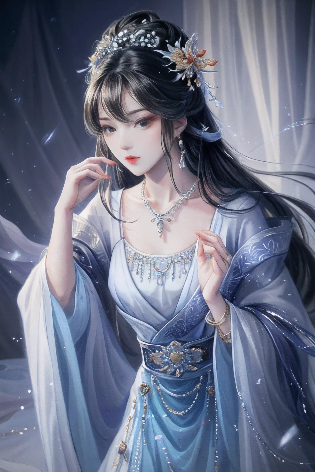 Best Quality, Masterpiece, High Resolution, 1girl, Porcelain Dress, Hair Accessories, Necklace, Jewelry, Pretty Face, On Body, Tyndall Effect, Realistic, Shadow Studio, Rim Lighting, Dual Tone Lighting, (High Detail Skins: 1.2), 8k UHD, dslr, soft light, high quality, volume light, sneak shot, photo, high resolution, 4k, 8k, background blur,