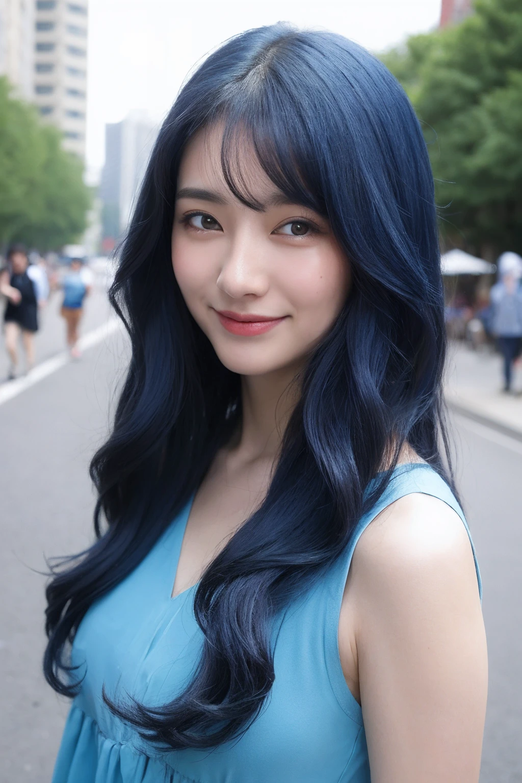 ((Top Quality, 8k, Masterpiece: 1.3)), 1 Girl, Smile, Slim Face, Pretty Woman, (Blue Hair), Full-Length Dress: 1.1, Ultra Detailed Face, Detailed Eyes, Double Eyelids, Blurred Background, Slim Face, City, Outside, Street, Korean Women, Curly Hair, Layer Cut, Long Hair