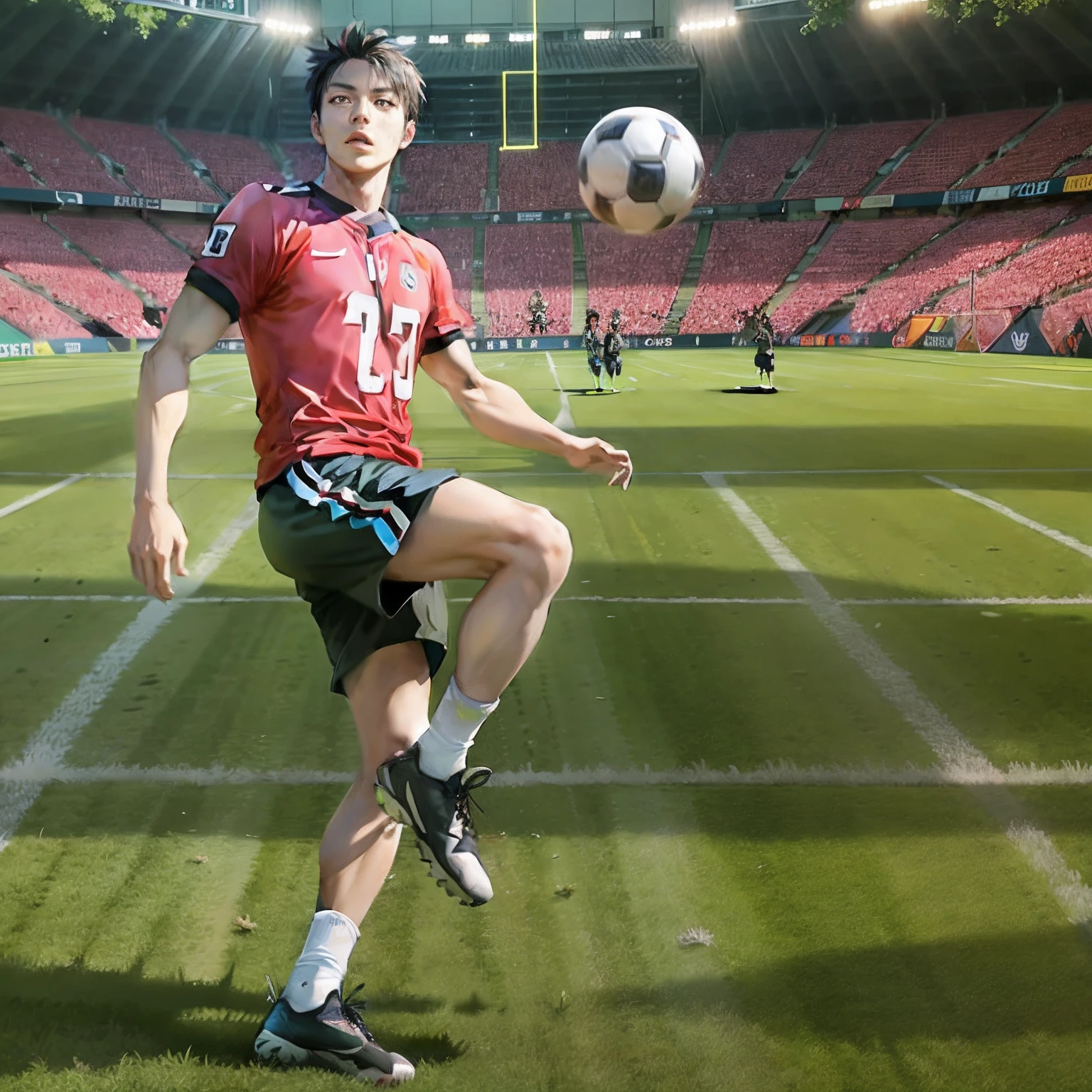There was a blonde American playing football on the field, soccer player, wide angle dynamic action shot, Shin Jung-ho, siwoo kim, with unreal engine, Kim Tae-joon, akihiko yoshida. illusory engine, play soccer, soccer player, Shin Jinying, seseon yoon, soccer ball, flying shot, hyung - tae kim, hyung-tae kim