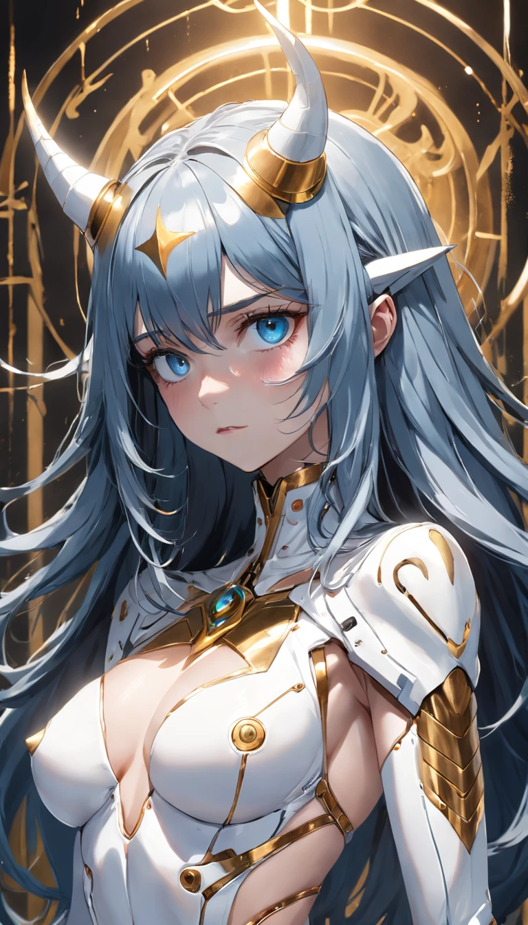 A girl with long blue hair in a white darkwave-style suit with golden details and a devil mask,Estilo Darkwave,retrato de medio cuerpo,centrado,HDR,8k,hiperrealista,hermoso estudio de luz suave,detalles vibrantes,Anatomical,elegante,foco nítido,Foto de estudio,tendencias en Artstation,hiper detallado,filtro polarizador
