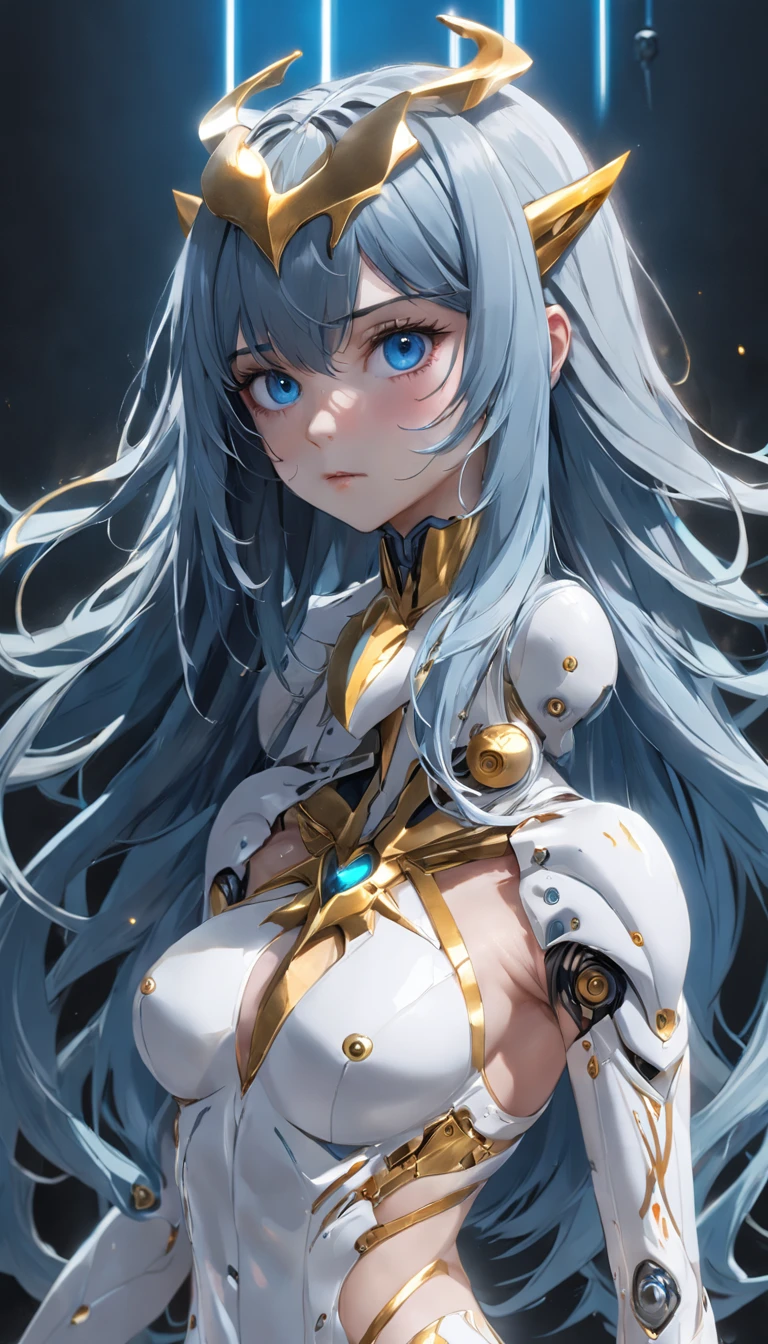 A girl with long blue hair in a white darkwave style suit with gold details and a devil mask,Estilo Darkwave,retrato de medio cuerpo,centrado,HDR,8k,hiperrealista,hermoso estudio de luz suave,detalles vibrantes,Anatomical,elegante,foco nítido,Foto de estudio,tendencias en Artstation,hiper detallado,filtro polarizador