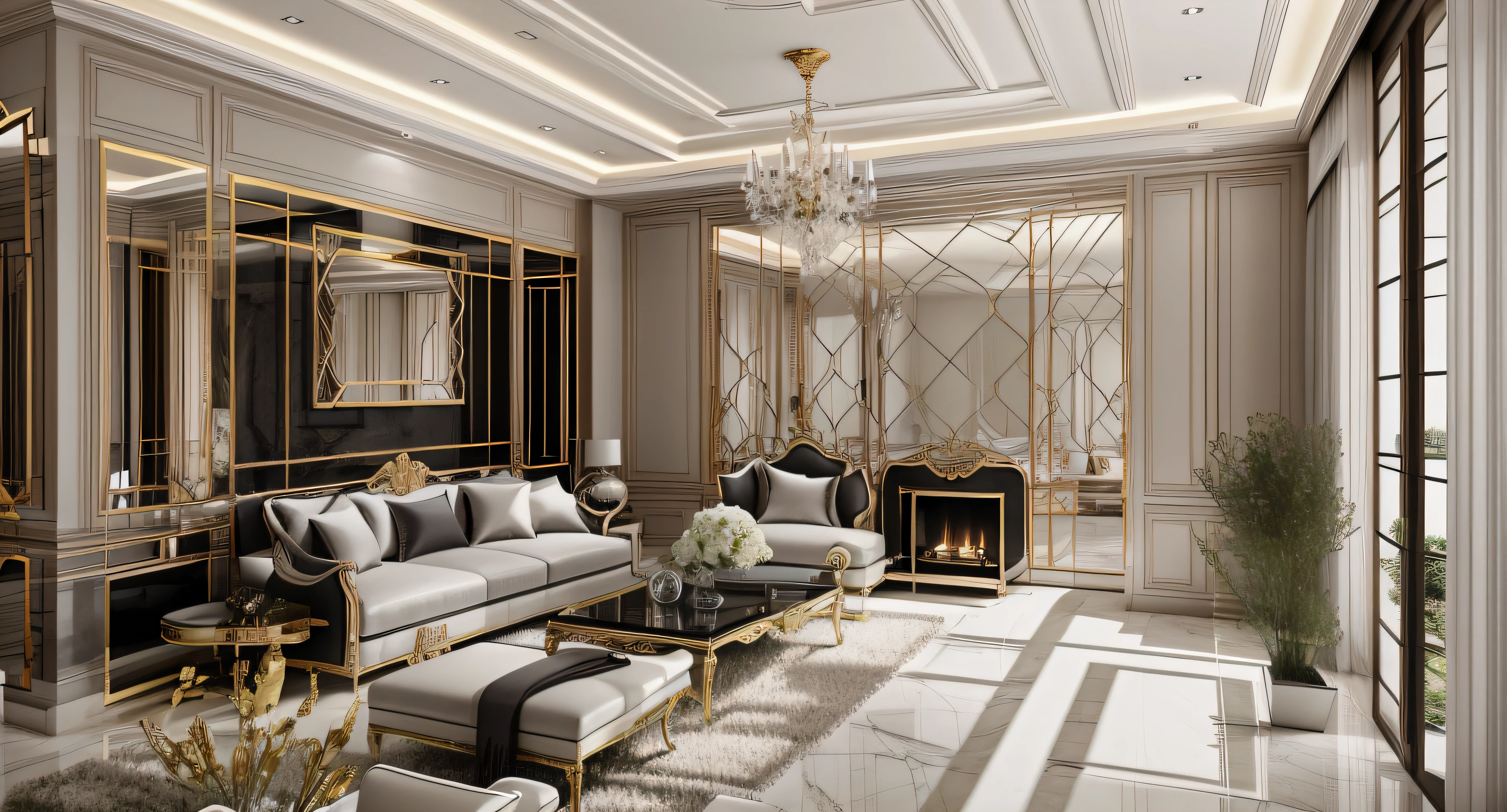 interior luxury, neo classic, minoti furniture, arafed view of a living room with a couch,bacara chandeliers, table coffee, detailed,, archviz, highly photographic,ceiling and wall panels, tall ceilings, 8k uhd, high quality, film grain, Fujifilm XT3, cinematic, slate grey, dramatic light, architecture, shadow in front, 5pm,