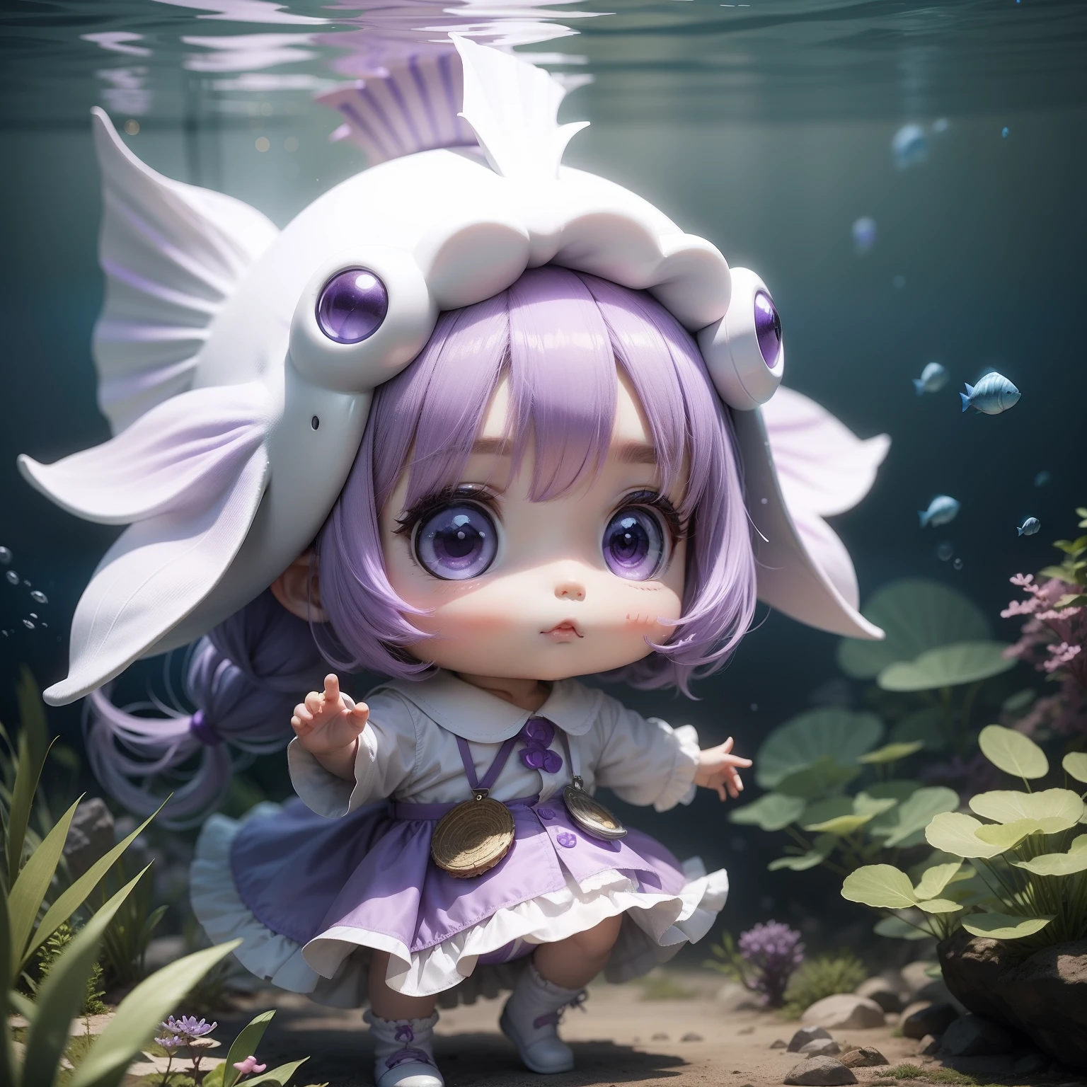 Cute chibi anime, lilac purple hair,Off-white clothes, A huge purple fish,Underwater world,Fish headdress。