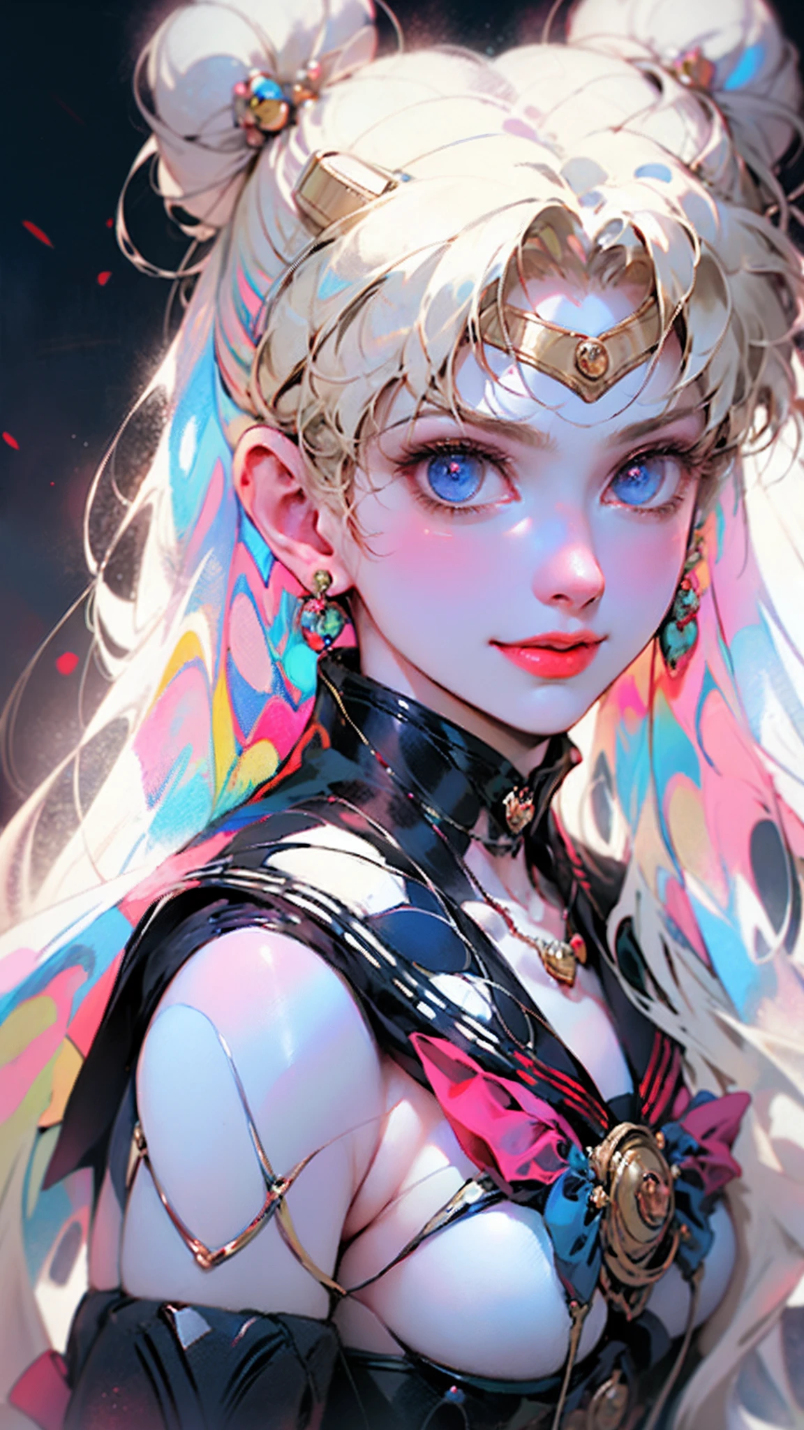 📍📍a professional movie photograph of, woman in a pixar-style sailor moon, in the style of luminous 3d objects, she has a cartoon smile, with lit eyes, white skin and rosy cheeks, a winning photograph from the society, blonde hair, dorne, very bright and shiny blonde hair, iridescence/opalescence, glitter, highly detailed photorealistic, 16k --expressive style --niji 5, best quality, high quality, highly detailed, 8ko)),belos olhos detalhados,(gradient color eyes),(( （olhos coloridos））），（（（fundo colorido））），（（（high saturated））），